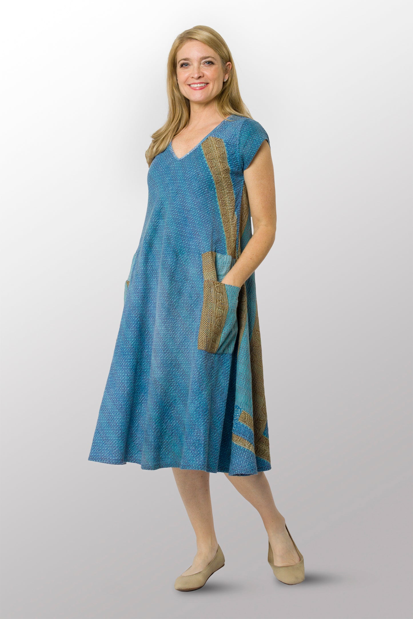 VINTAGE COTTON KANTHA CAP SLV. FLARE DRESS - cv2425-0011s -