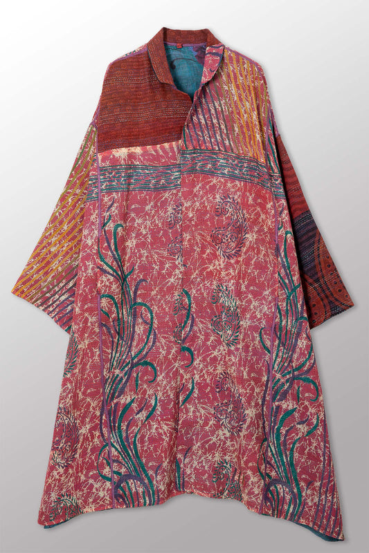 VINTAGE SILK GEORGETTE COTTON KANTHA NEW OVERSIZED COAT - gc2342-0006a -