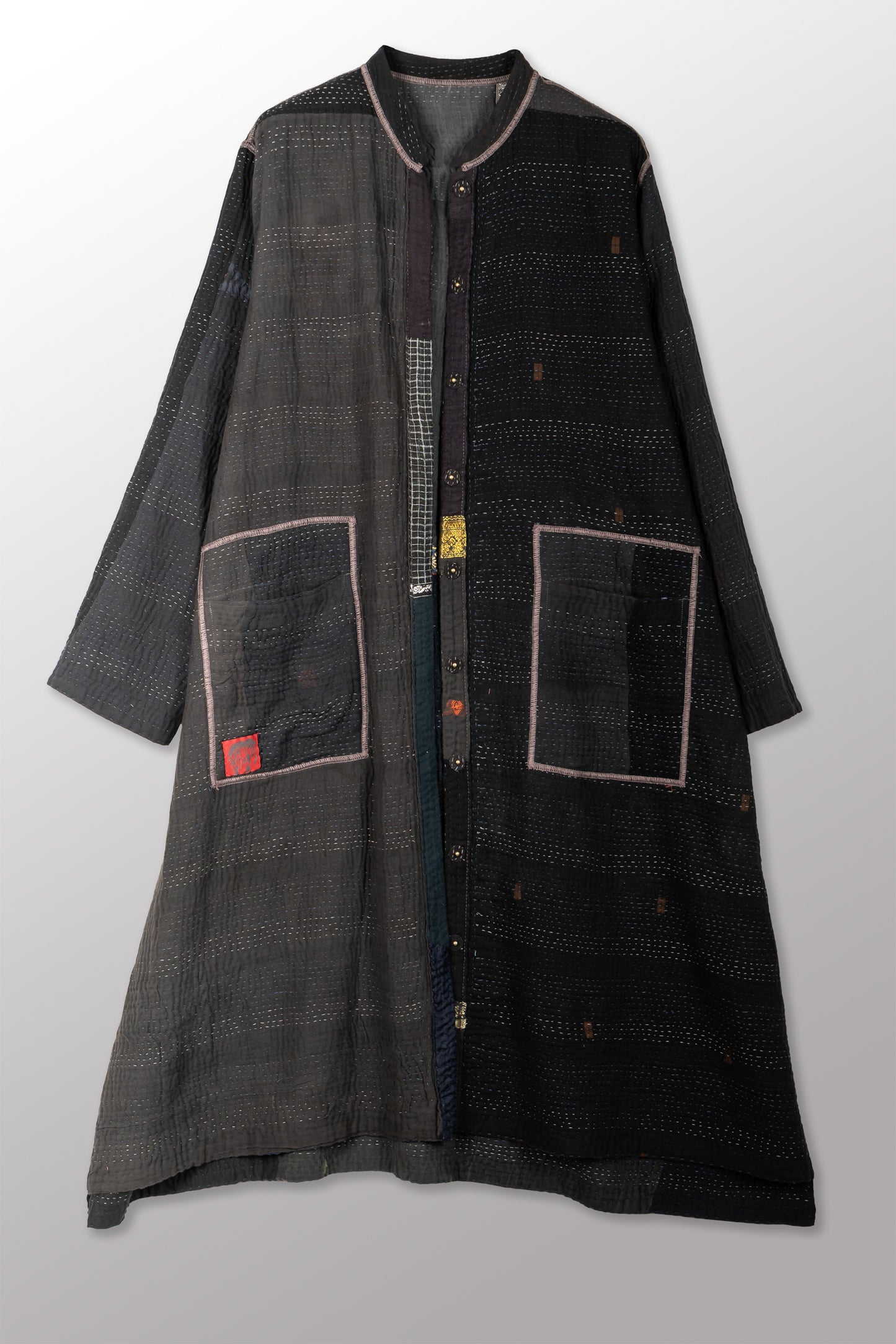 COTTON SILK SW PATCH KANTHA KAFTAN COAT - ws4343-blk -