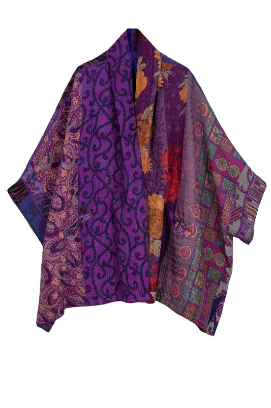 JACQUARD SILK KANTHA DOUBLE COLLAR PONCHO - js4323-prp -