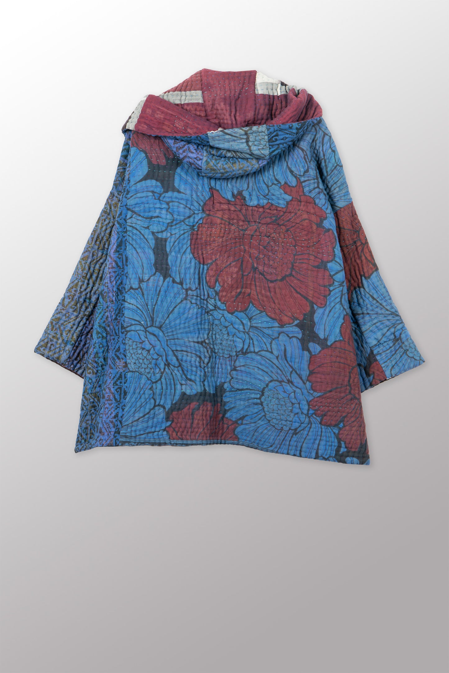 QUILTED OVERDYE COTTON KANTHA HOODIE PONCHO - oq5064-cblu004a -