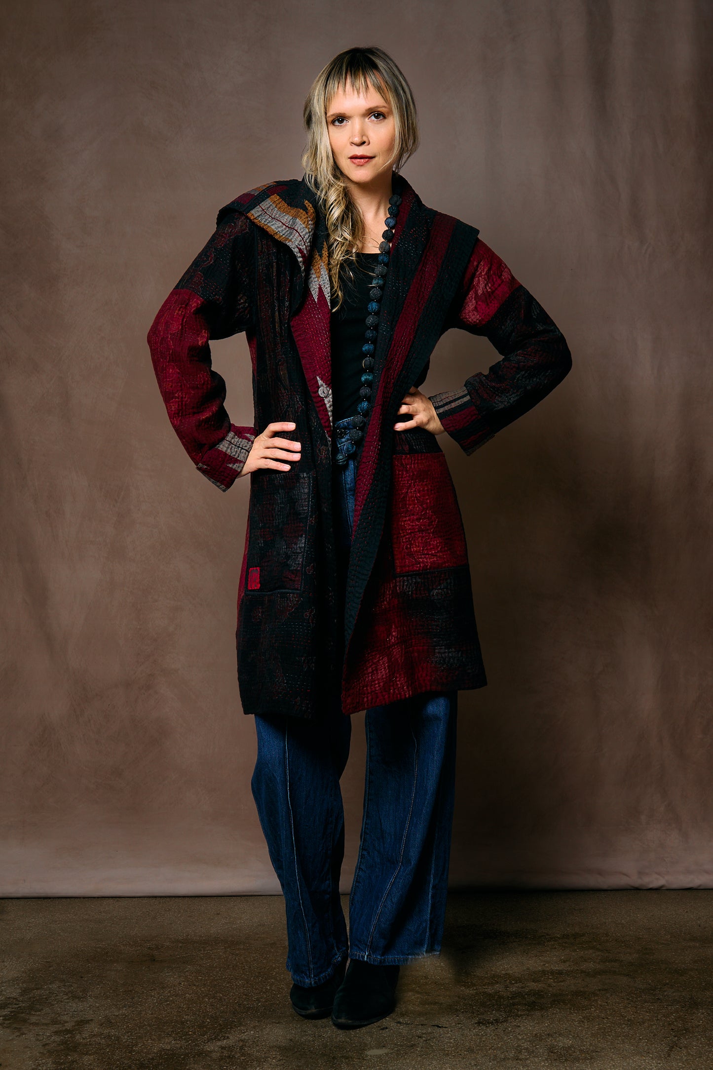 WOVEN HANDLOOM IKAT WITH OMBRE KANTHA POCKET MEDIUM COAT - wh4316-red -