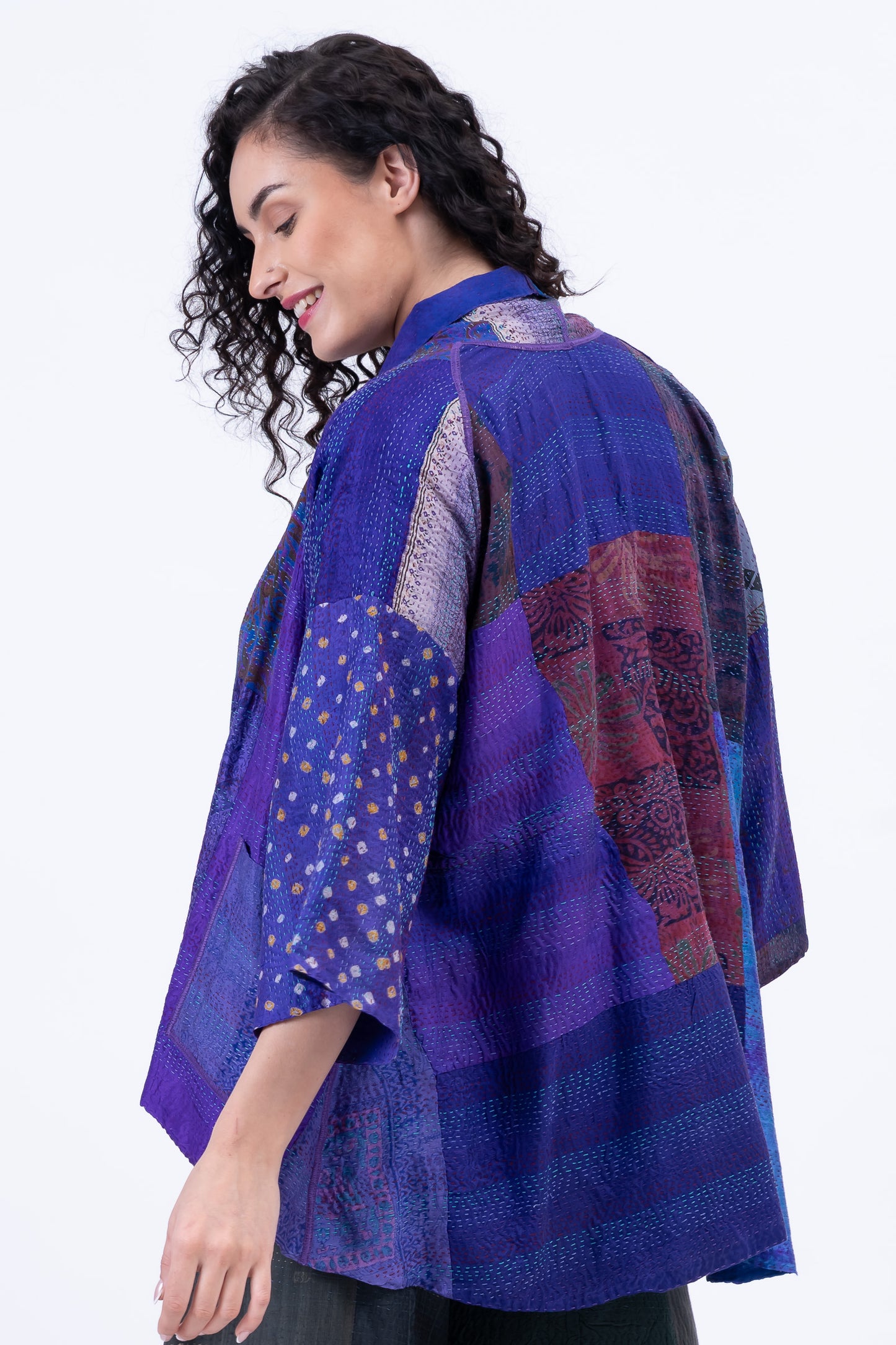 GEORGETTE VINTAGE SILK PATCH KANTHA BELL SHAPE JKT - gs2048-prp -