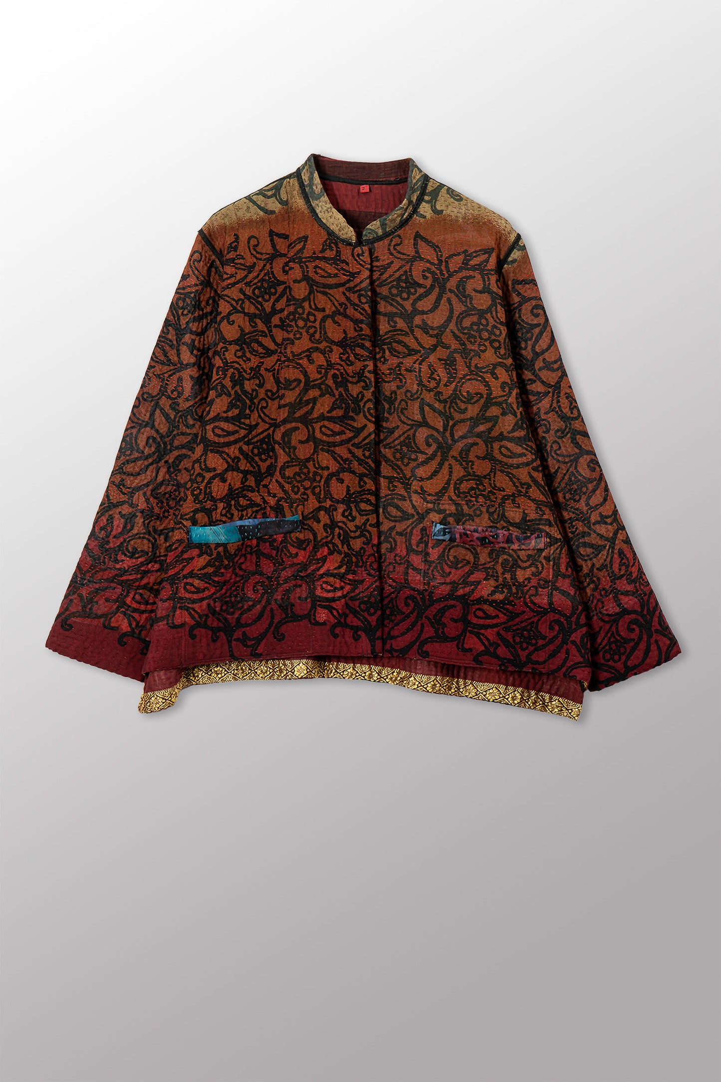 VINTAGE SILK GEORGETTE COTTON KANTHA KAFTAN JACKET SHORT - gc4088-0001s -