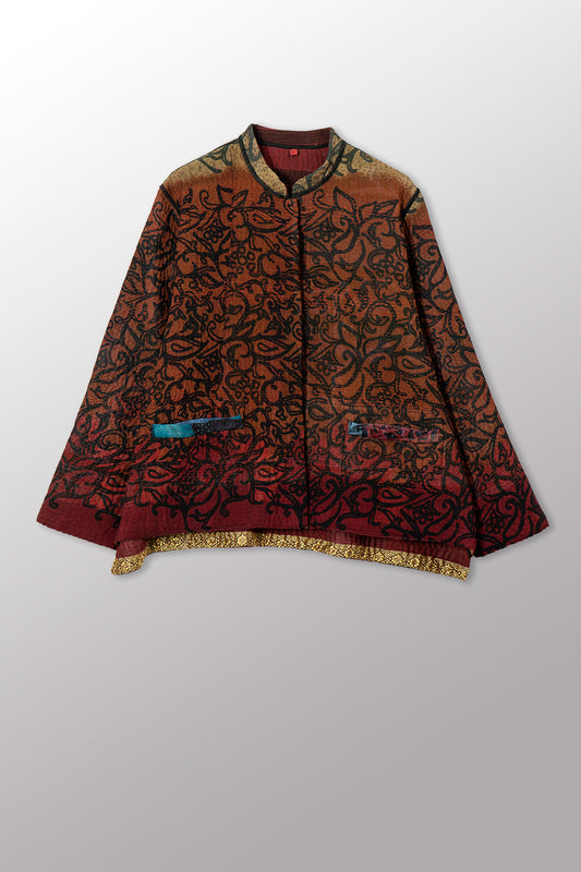 VINTAGE SILK GEORGETTE COTTON KANTHA KAFTAN JACKET SHORT - gc4088-0001s -