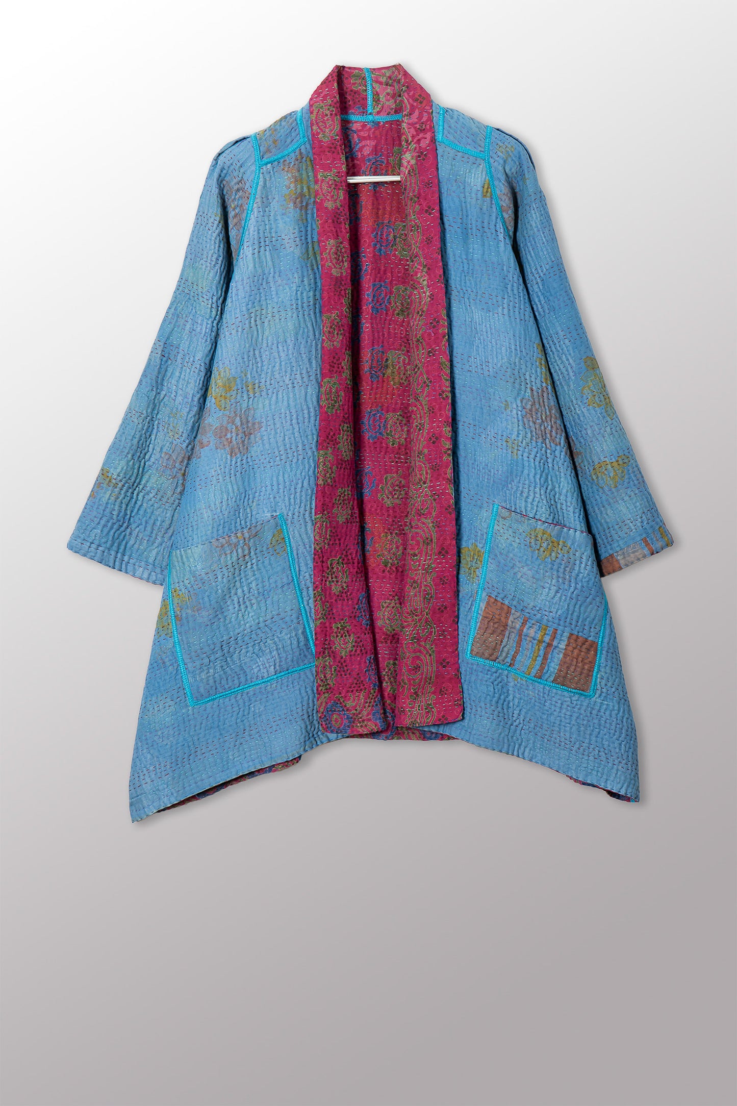 VINTAGE SILK GEORGETTE COTTON KANTHA A-LINE JACKET - gc4003-0006a -