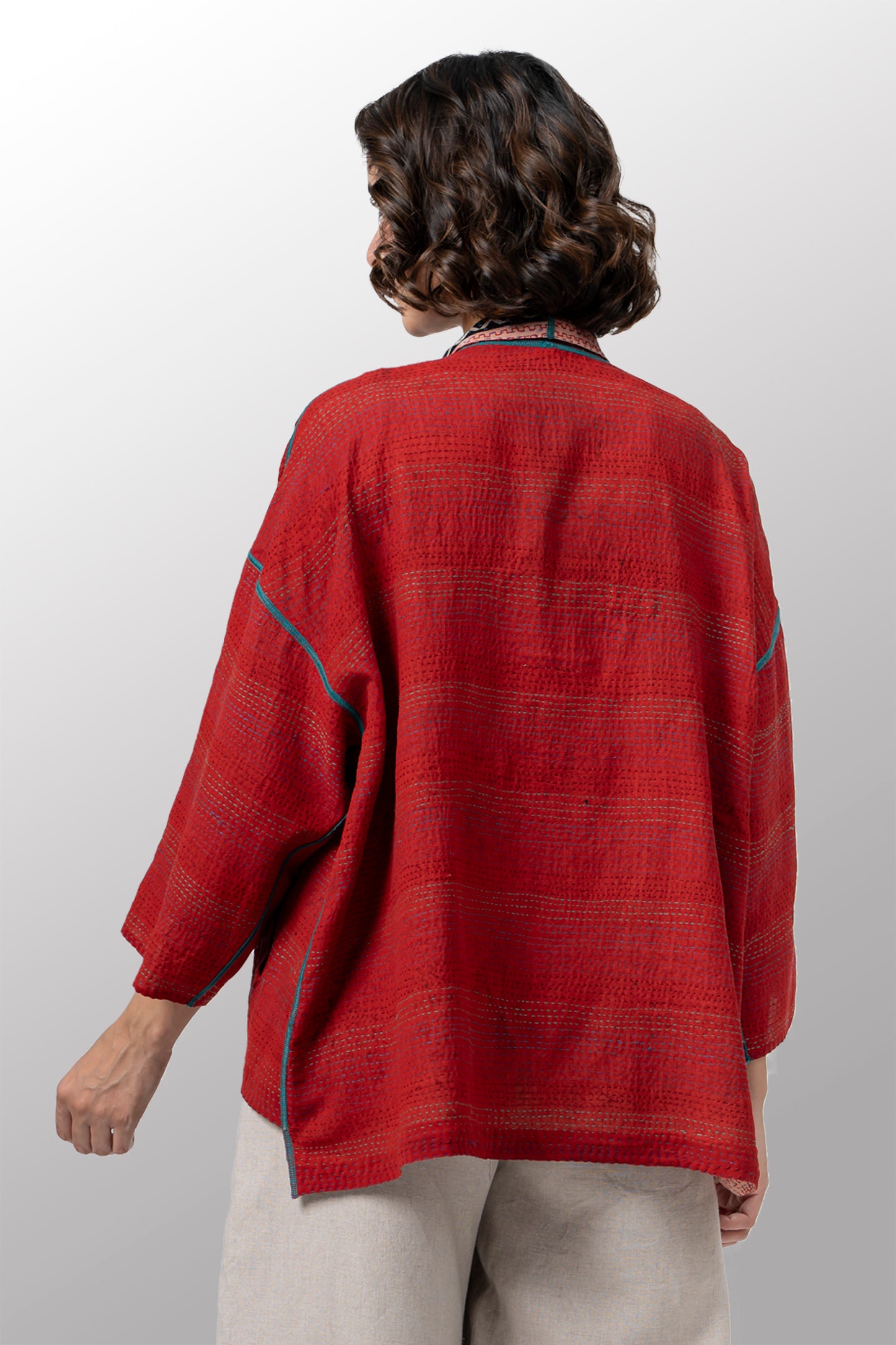 VINTAGE SILK GEORGETTE COTTON KANTHA MINI KIMONO JACKET - gc2055-0001a -