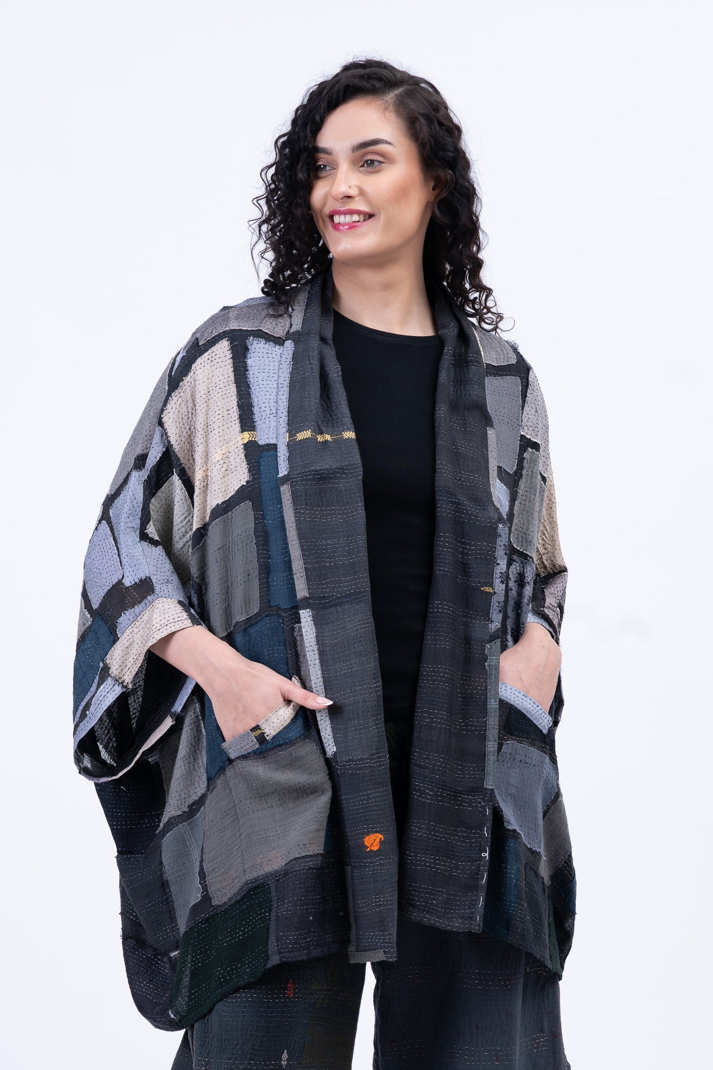 TONAL TILE PATCH KANTHA DOUBLE COLLAR PONCHO - tt2323-gry -