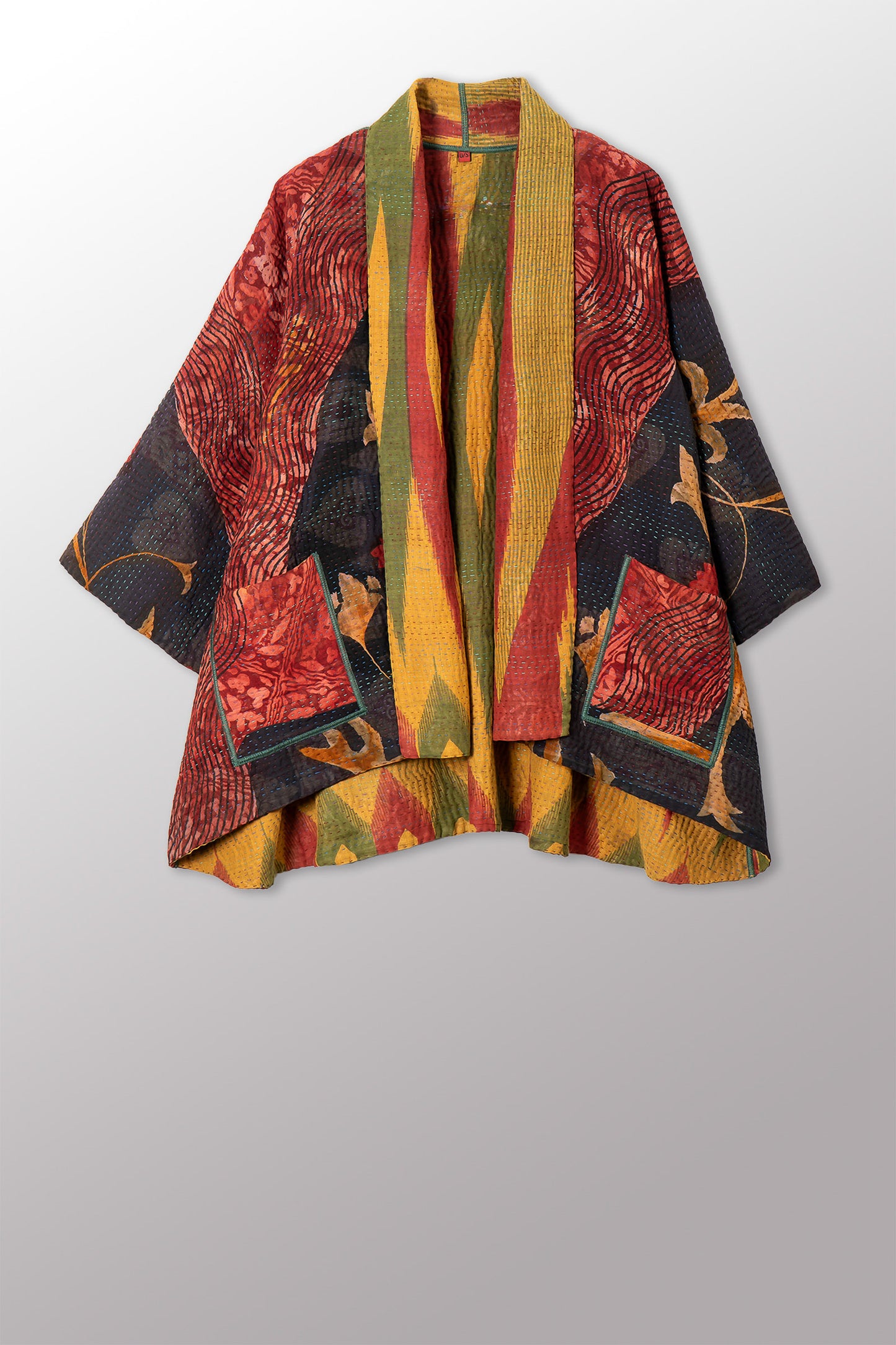 VINTAGE SILK GEORGETTE COTTON KANTHA KIMONO JACKET - gc4004-0002a -