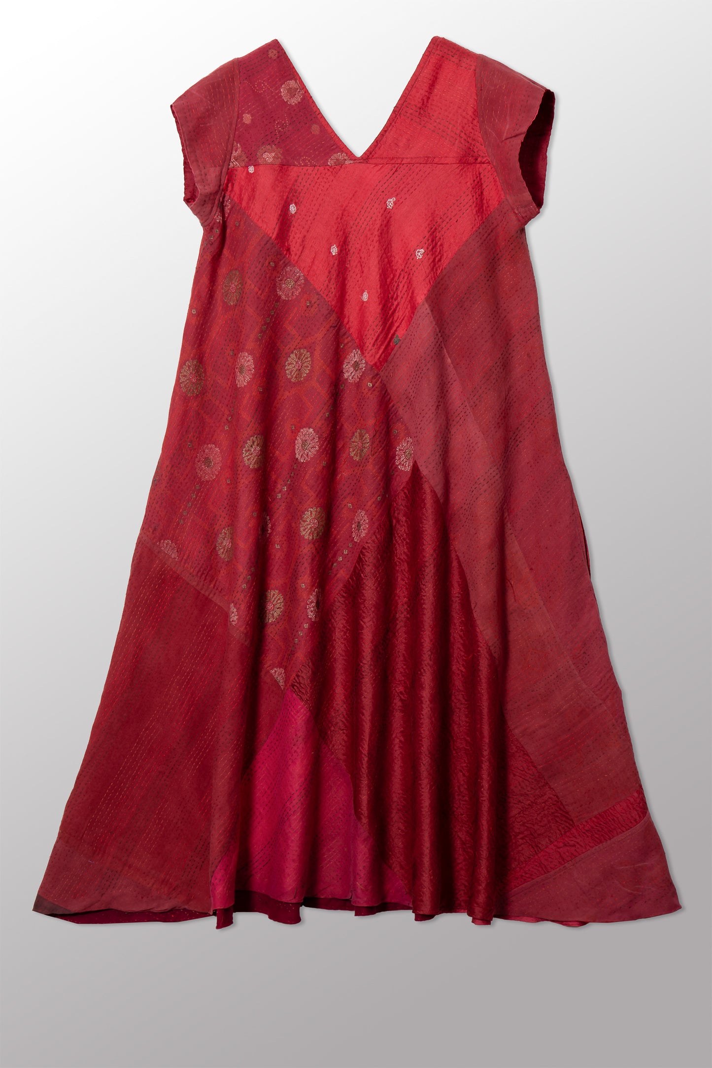 JAIPUR PATCH KANTHA CAP SLV. FLARE DRESS - jp2425-red -