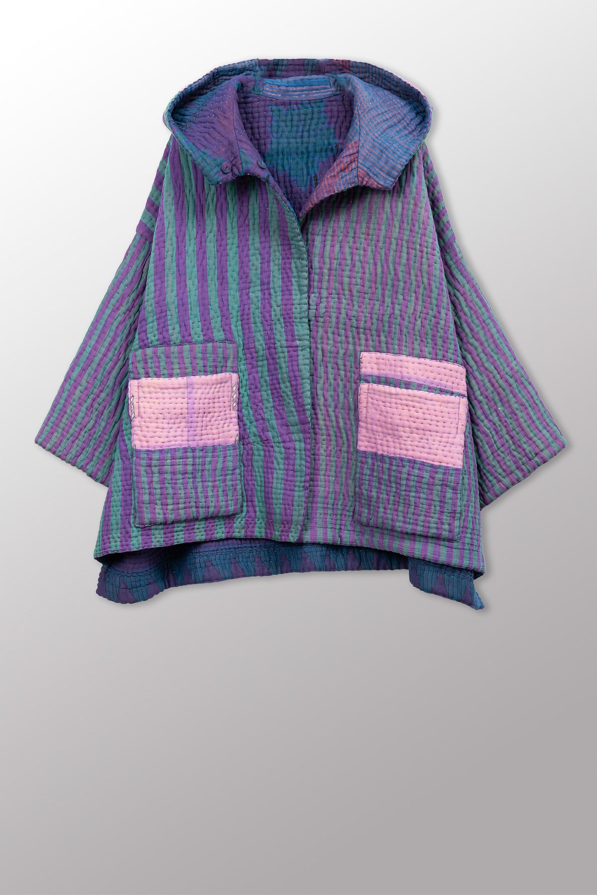 QUILTED OVERDYE COTTON KANTHA HOODIE PONCHO - oq5064-cblu007a -