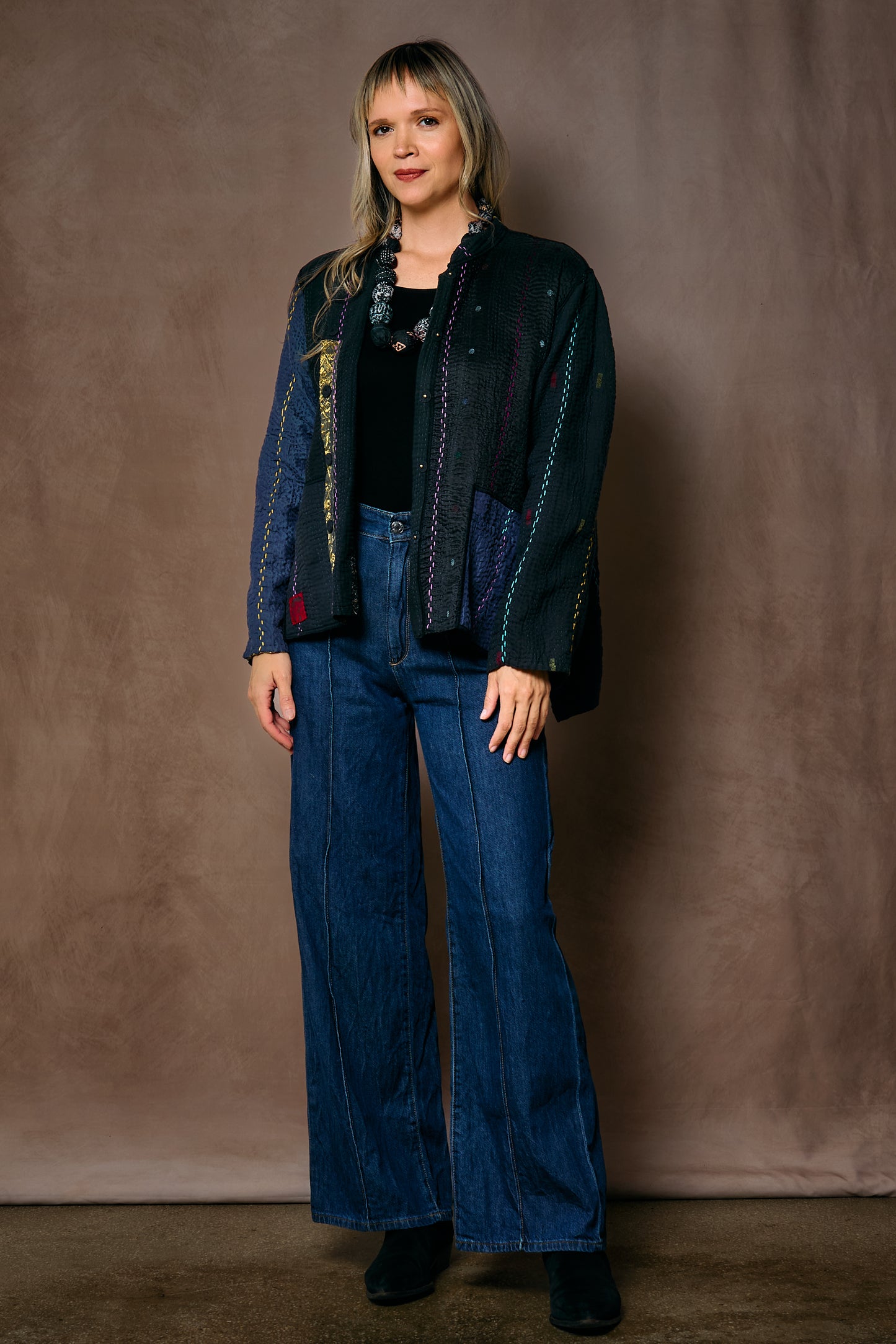 JEWEL WOVEN WITH VERTICAL PATCH KANTHA KAFTAN JACKET SHORT - jv4088-blk -