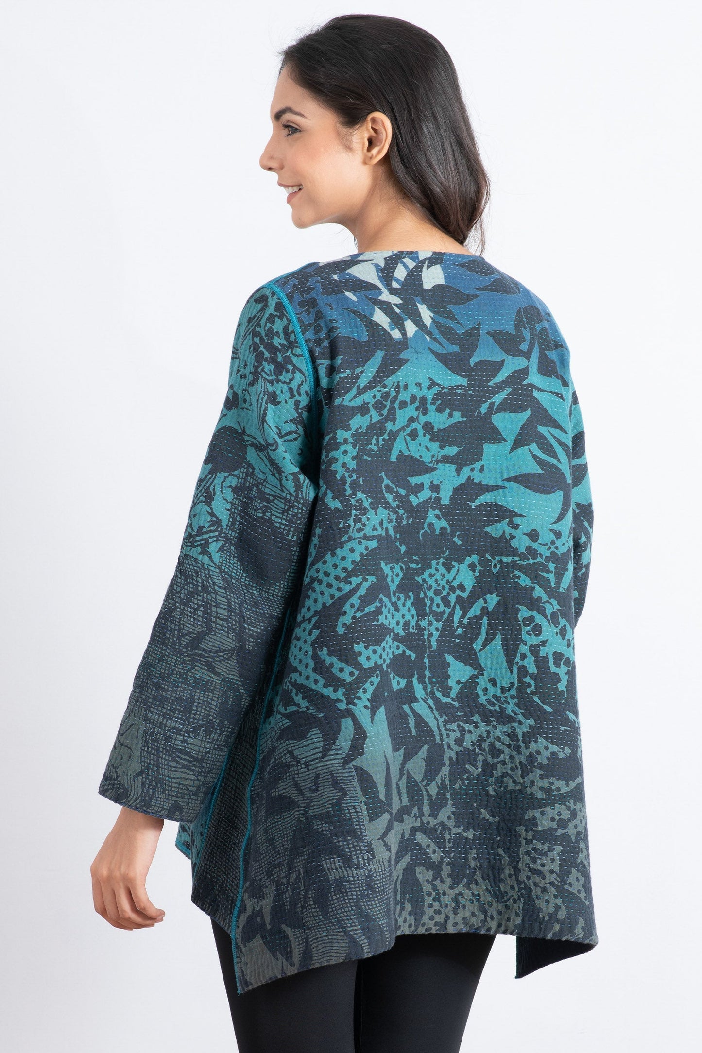 MONOTONE TWILIGHT PRINT KANTHA CREW NECK POCKET JKT - tp4025-blu -