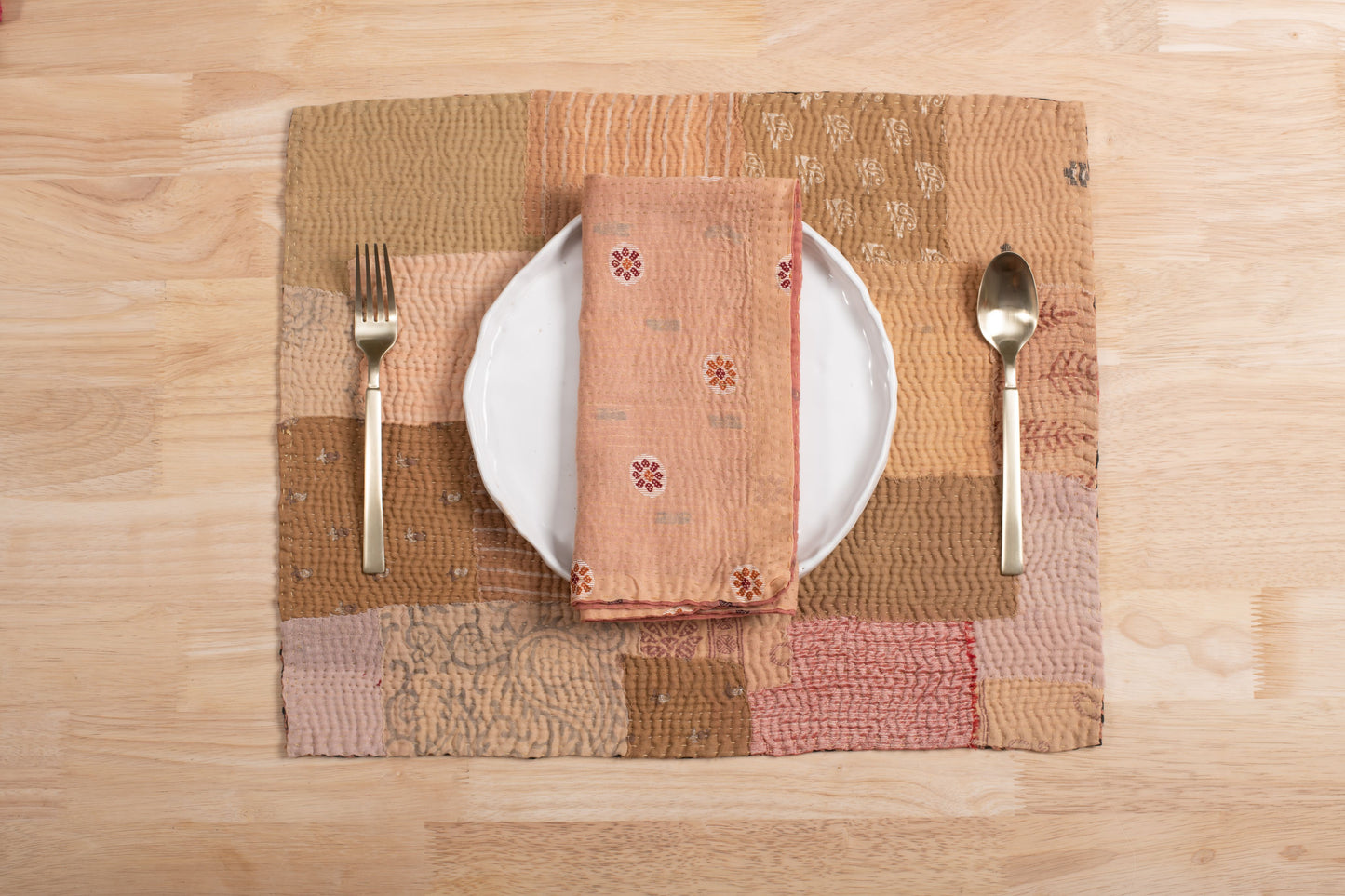 Mosaic Fray  Vintage Kantha Placemat -Mushroom -(Set of 2)