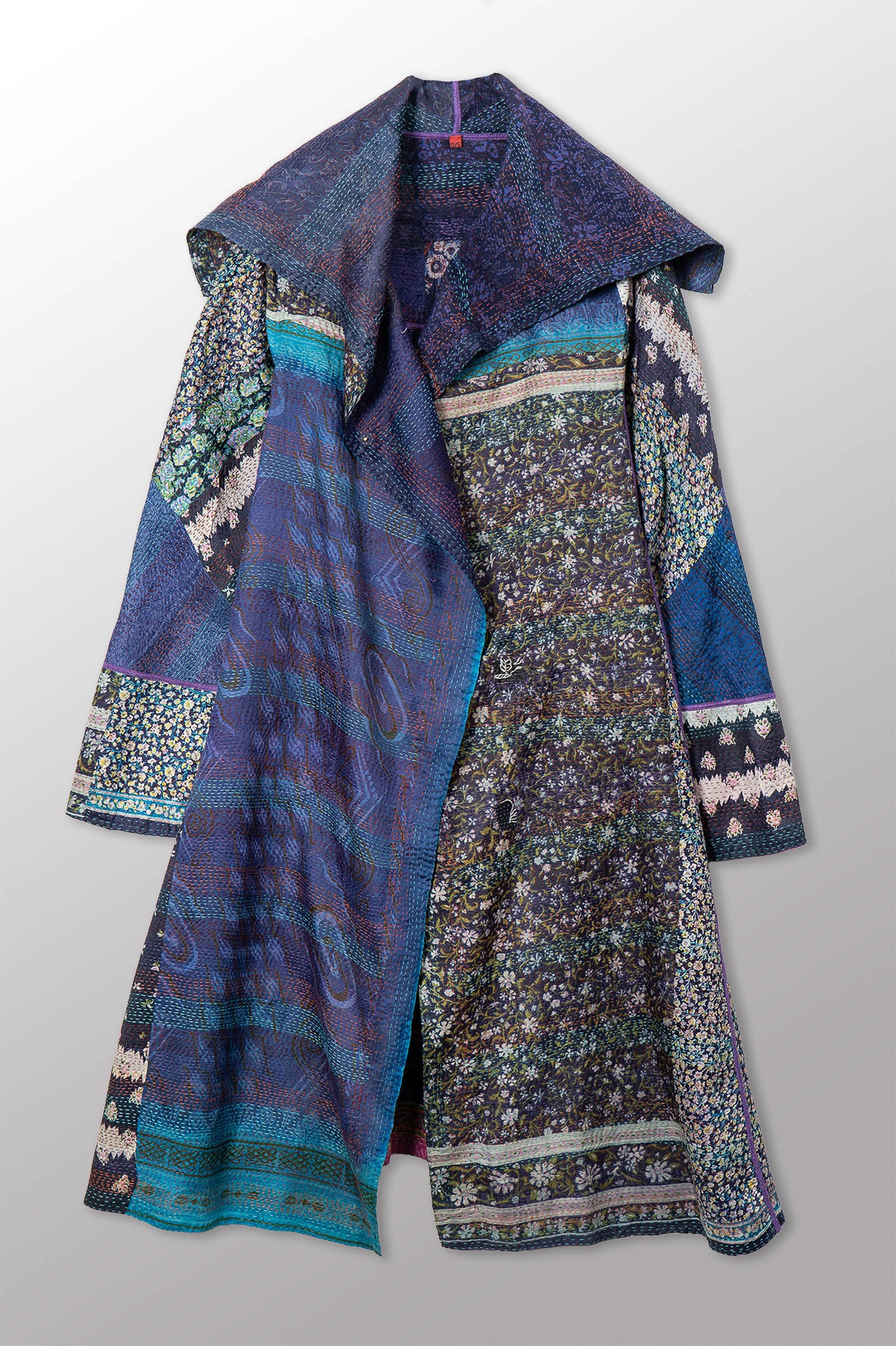 VINTAGE SILK KANTHA A-LINE LONG COAT - sv2302-0091a -