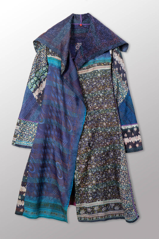 VINTAGE SILK KANTHA A-LINE LONG COAT - sv2302-0091a -