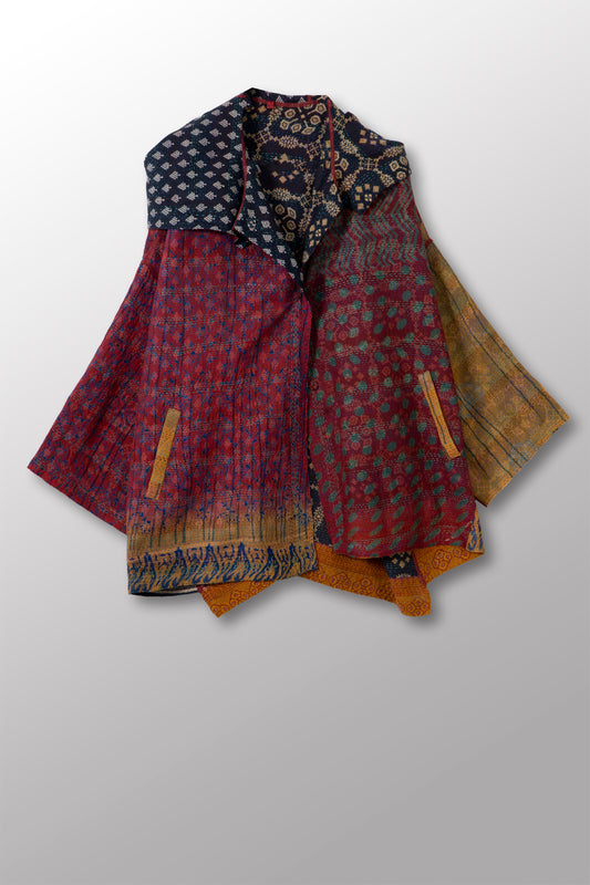 VINTAGE SILK GEORGETTE COTTON KANTHA HOODIE PONCHO - gc2064-0002a -