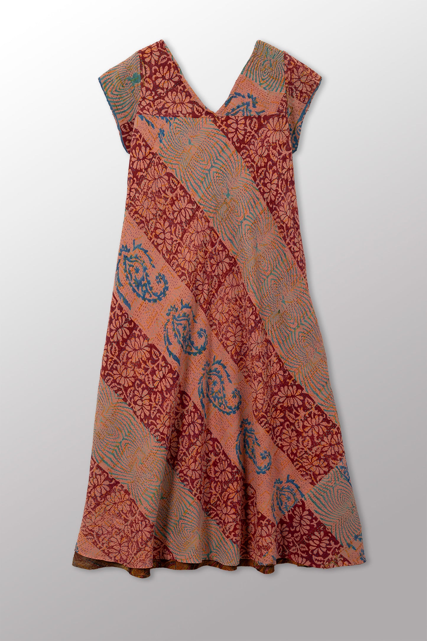 GEORGETTE JACQUARD VINTAGE SILK PATCH KANTHA CAP SLV. FLARE DRESS - gj2425-0001m -