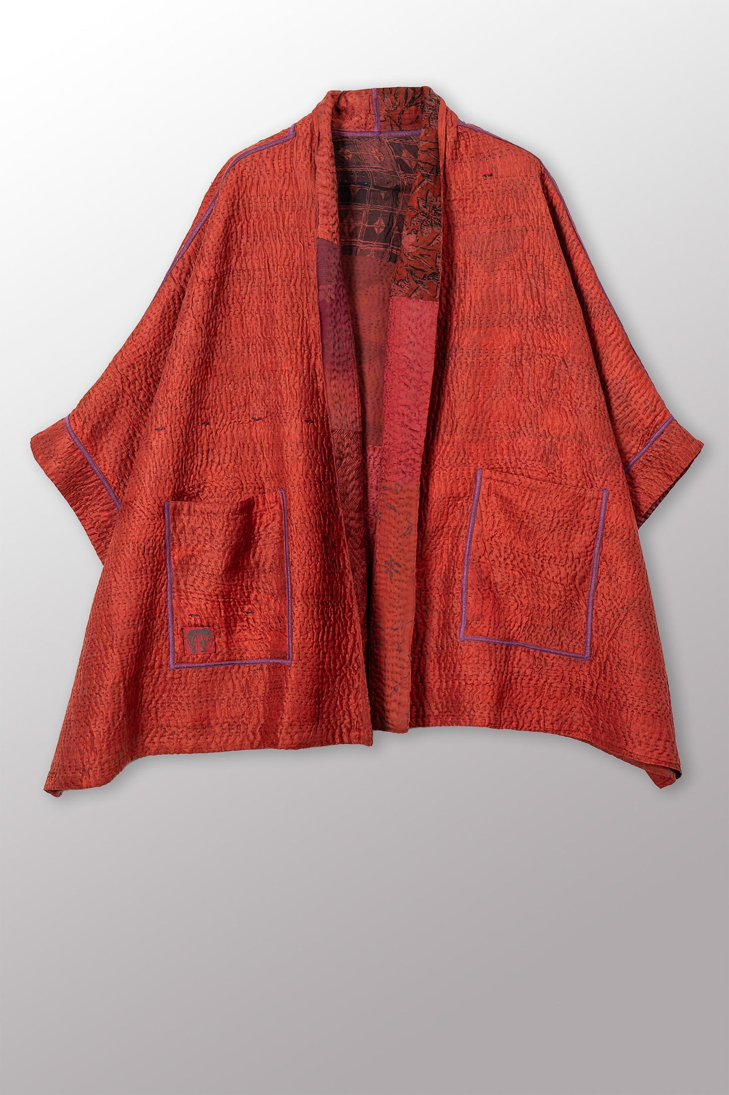 GEORGETTE JACQUARD VINTAGE SILK PATCH KANTHA DOUBLE COLLAR PONCHO - gj4323-org -