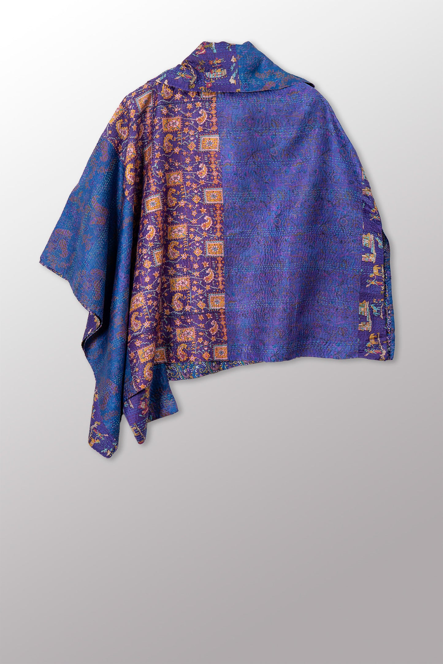 VINTAGE SILK KANTHA COWL NECK LONG CAPE - sv2842-0003a -