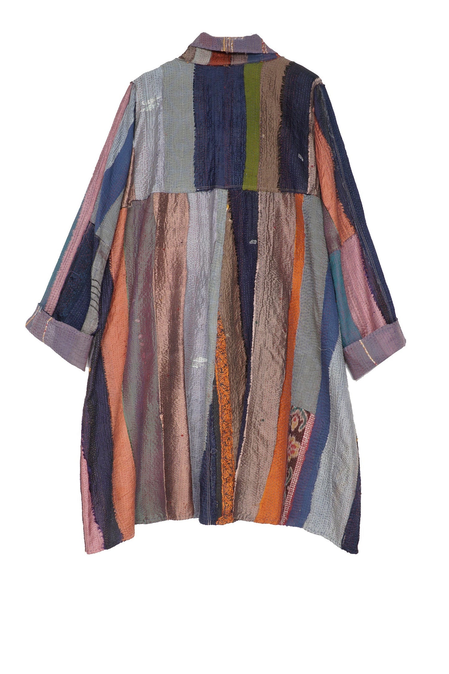 STRIPE FRAYED & HANDWOVEN KANTHA A-LINE DUSTER - ft2311-ntl -