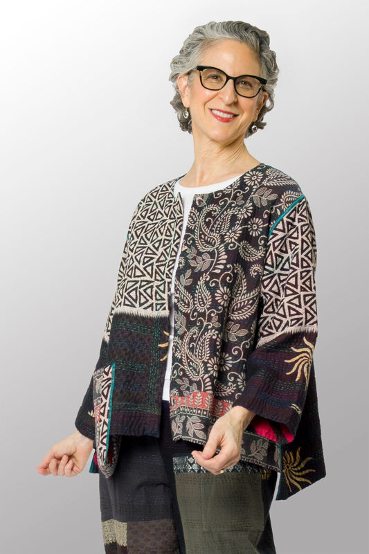 VINTAGE COTTON KANTHA A-LINE SHORT JKT - cv4019-0019a -