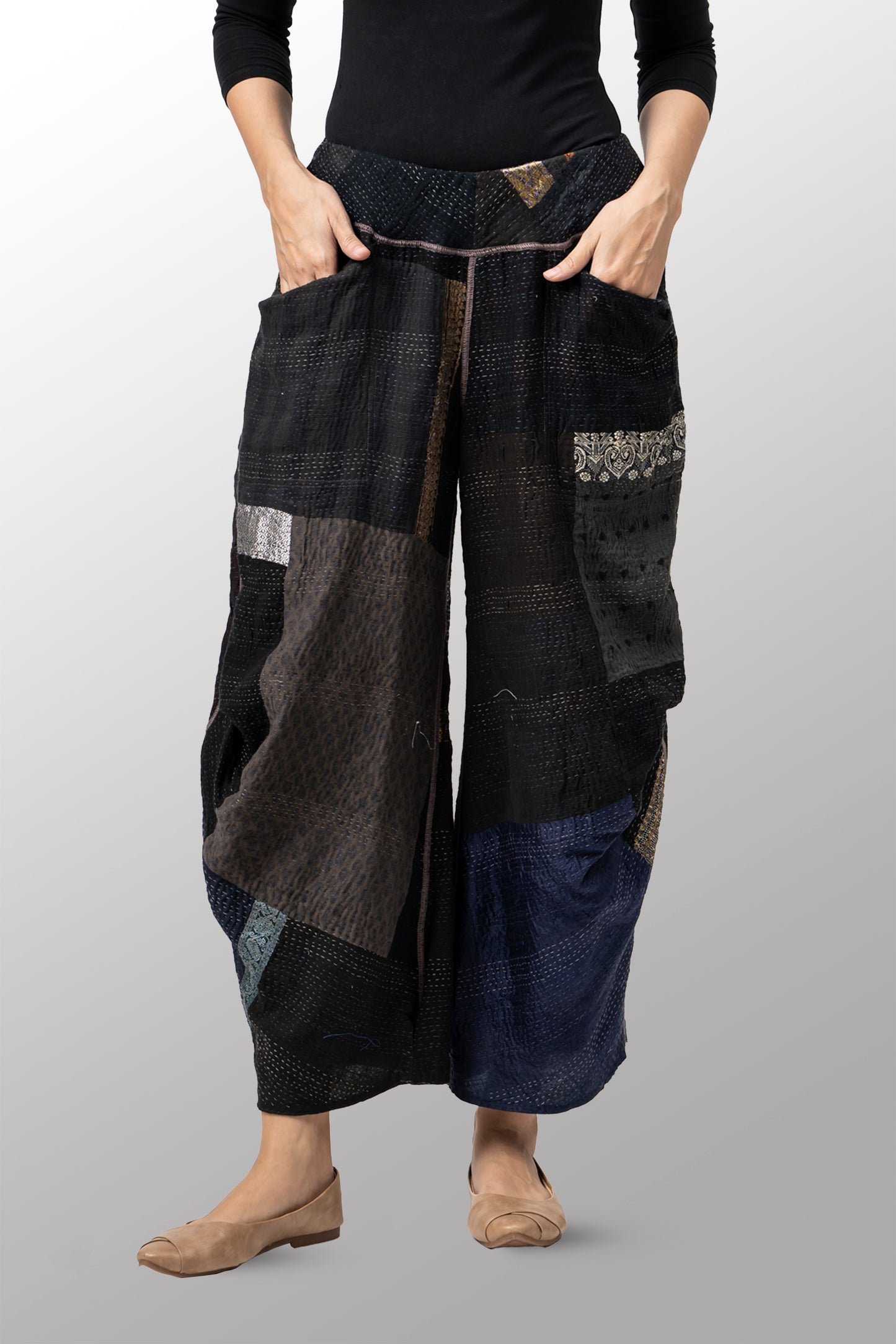 COTTON SILK SW PATCH KANTHA KNEE TUCKED PANTS - ws2625-blk -