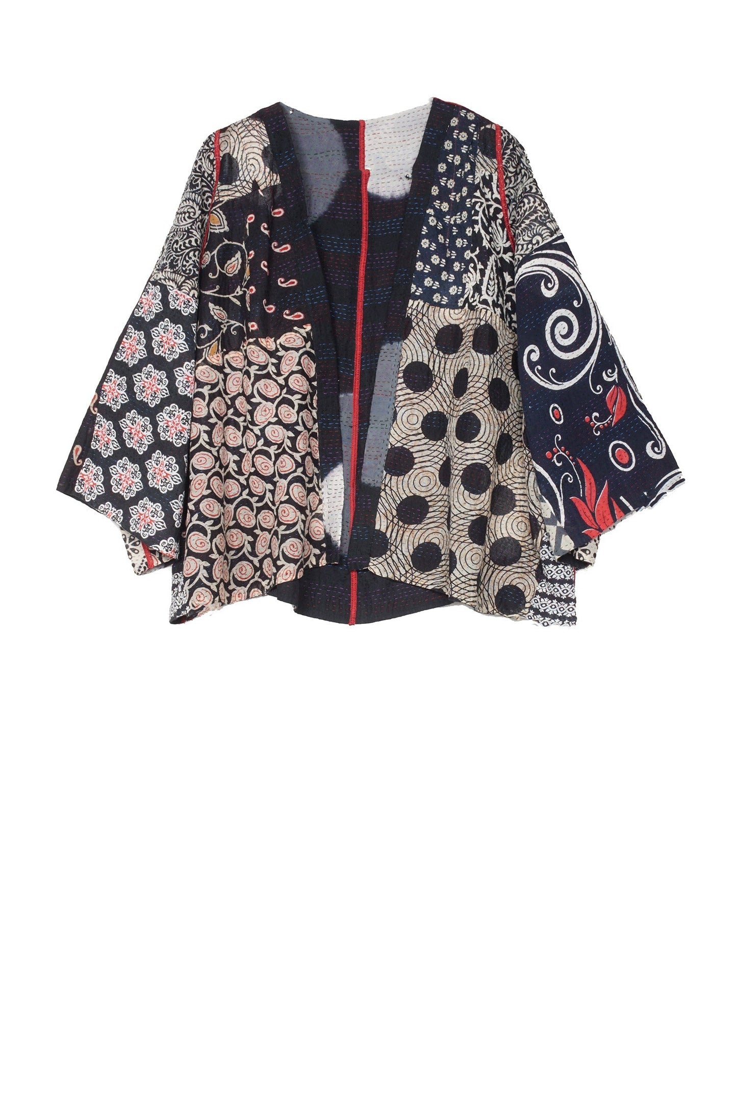 PATCH & CIRCLE PRINT KANTHA BELL SHAPE JKT - pc2048-blk -