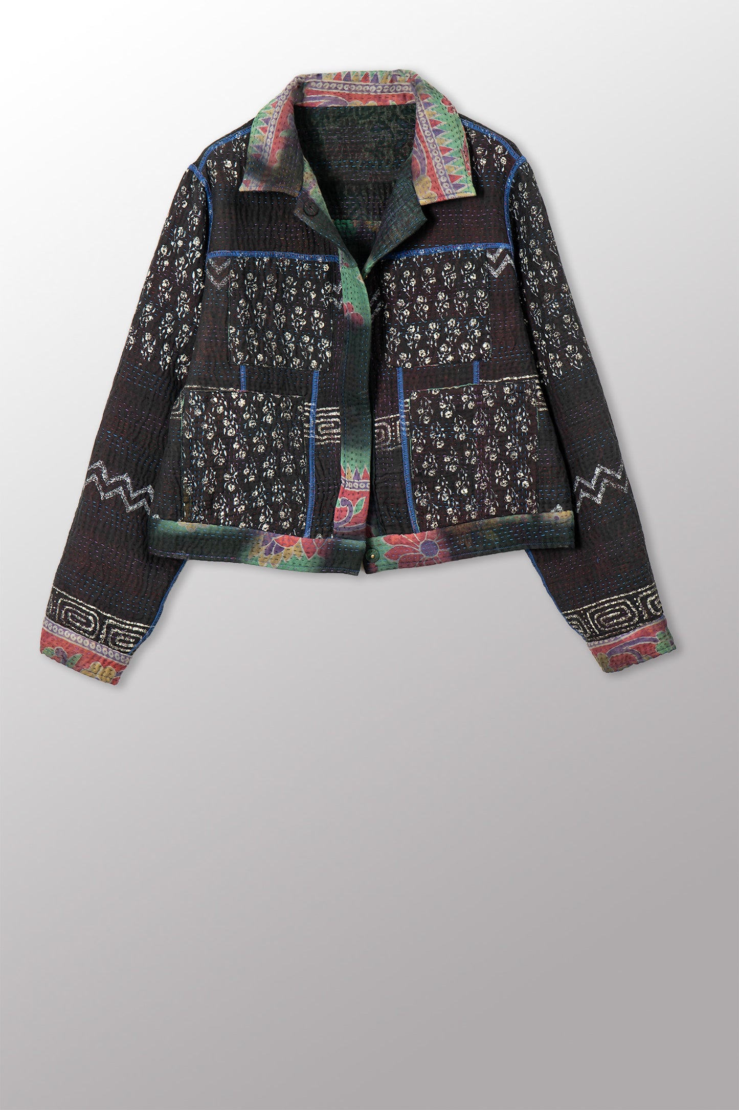 VINTAGE COTTON GREY CLAMP TIE DYE KANTHA TRUCKR JACKET - su4091-0001m -