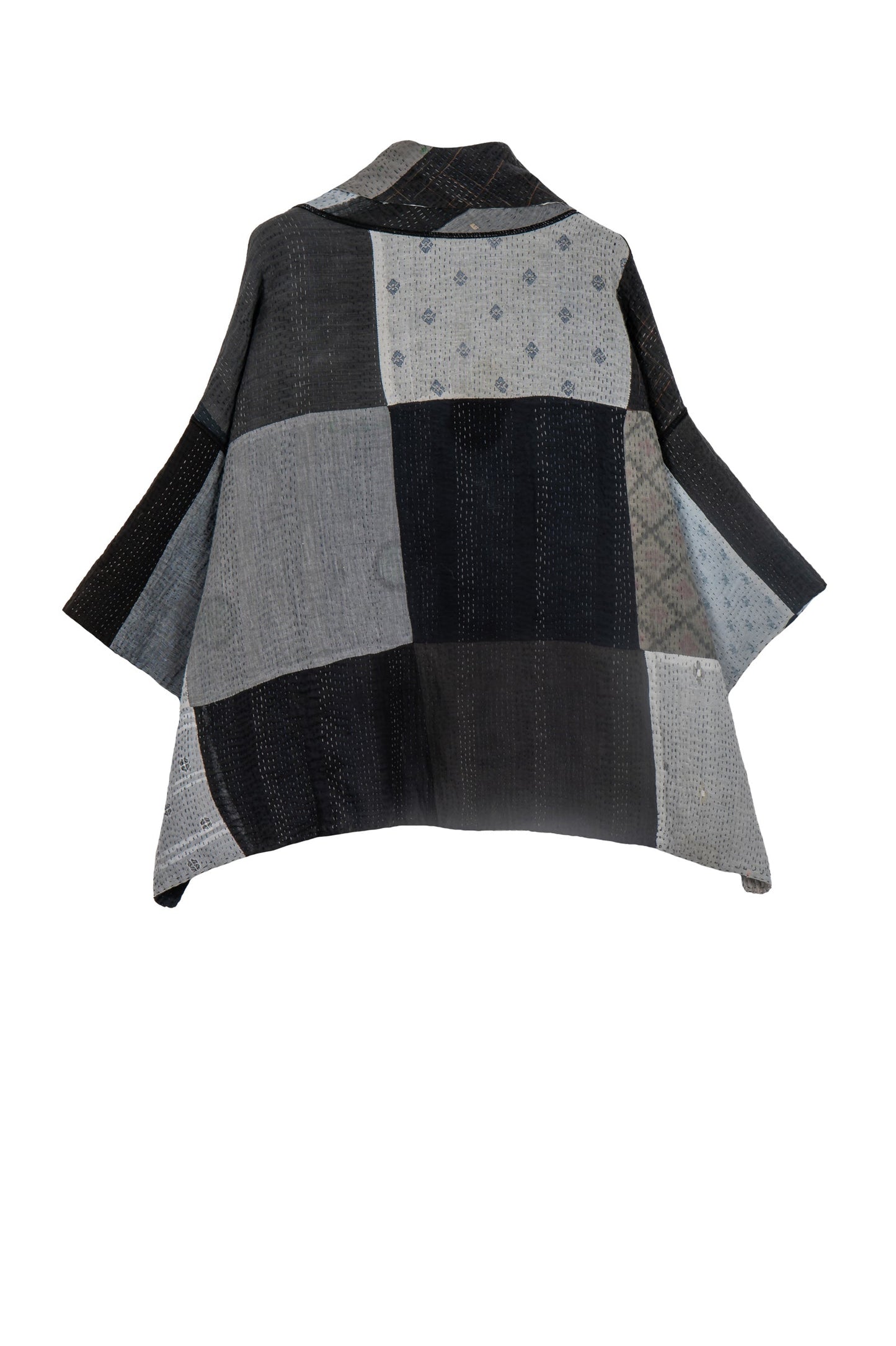 STRIPE AND CHECK COTTON SILK PATCH KANTHA COWL NECK PONCHO - ss4061-blk -