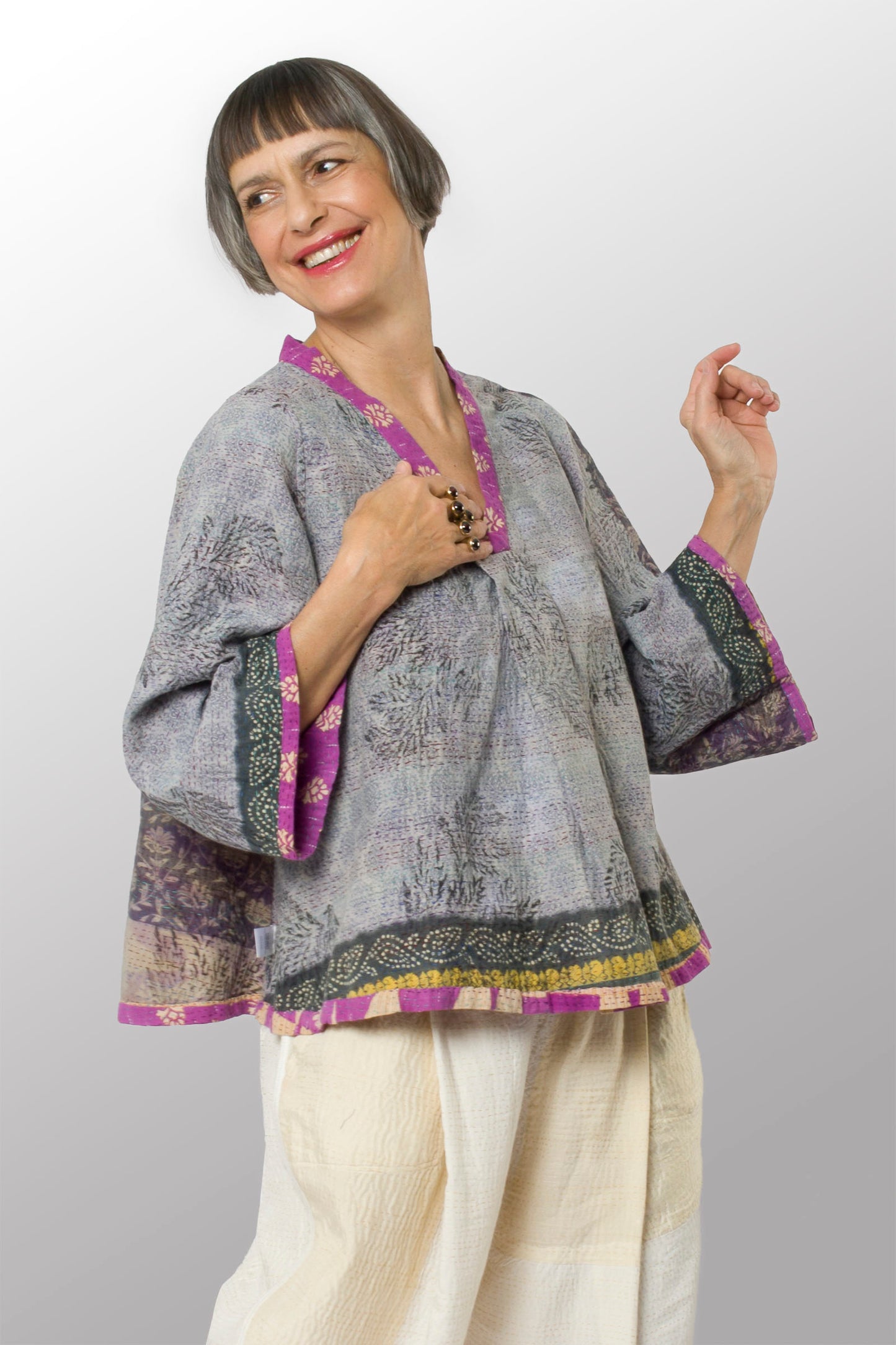 VINTAGE COTTON KANTHA V-NECK FLARE TOP - cv2567-0001m -