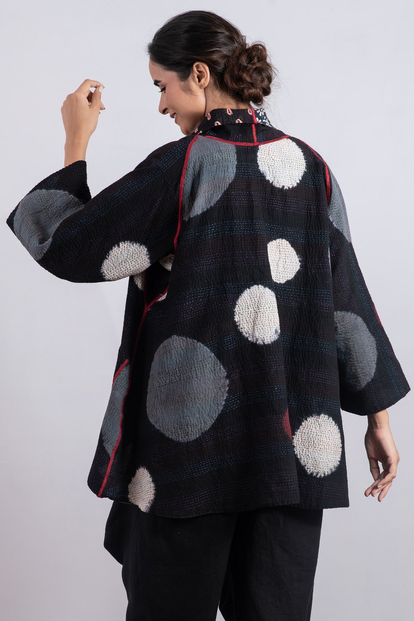 PATCH & CIRCLE PRINT KANTHA KIMONO JKT - pc2004-blk -