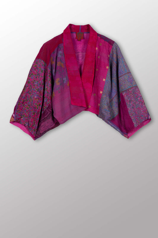 GEORGETTE VINTAGE SILK PATCH KANTHA PUFF SLV. SHRUG - gs2062-pik -