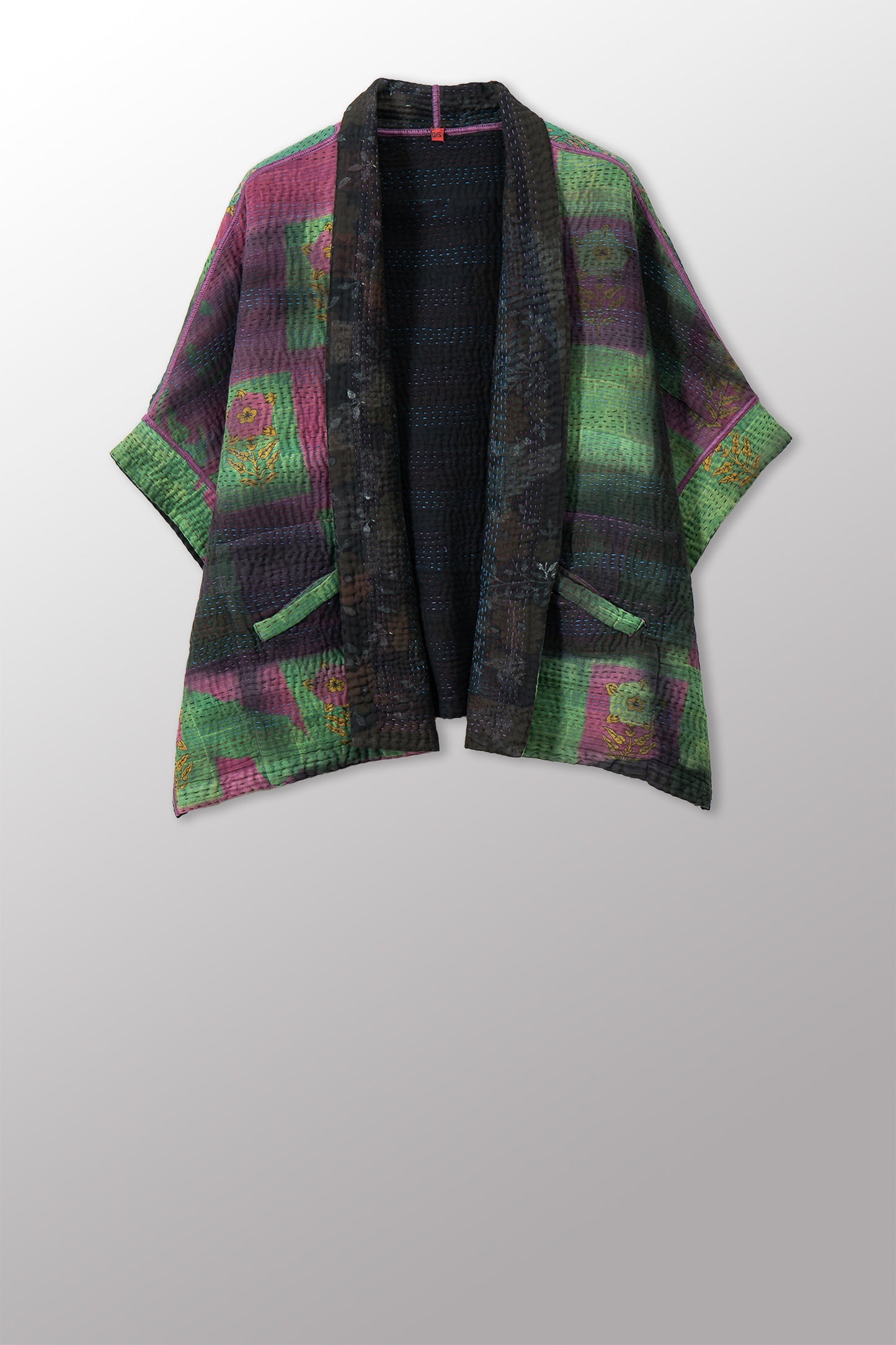 VINTAGE COTTON GREY CLAMP TIE DYE KANTHA MINI PONCHO - su4060-0004a -