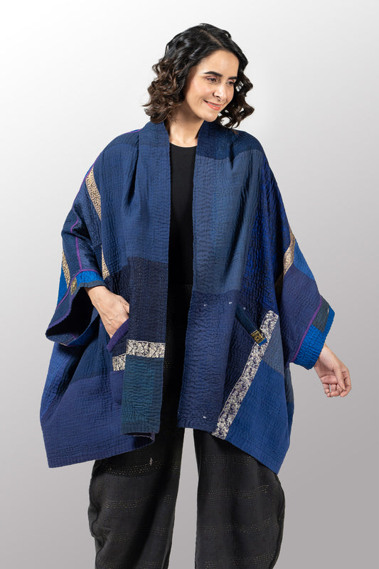 COTTON SILK SW PATCH KANTHA A-LINE JKT - ws4003-nvy -