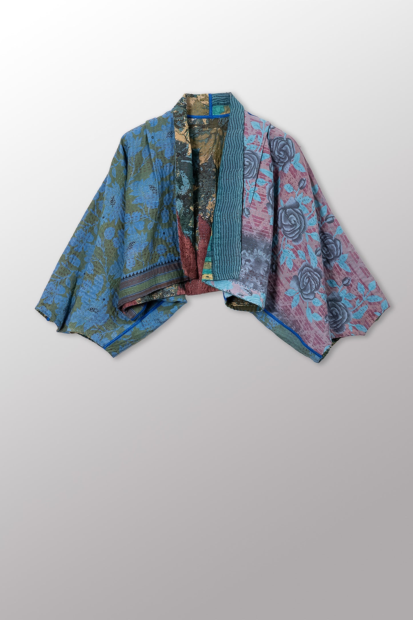 VINTAGE SILK GEORGETTE COTTON KANTHA PUFF SLV. SHRUG - gc4062-0003a -