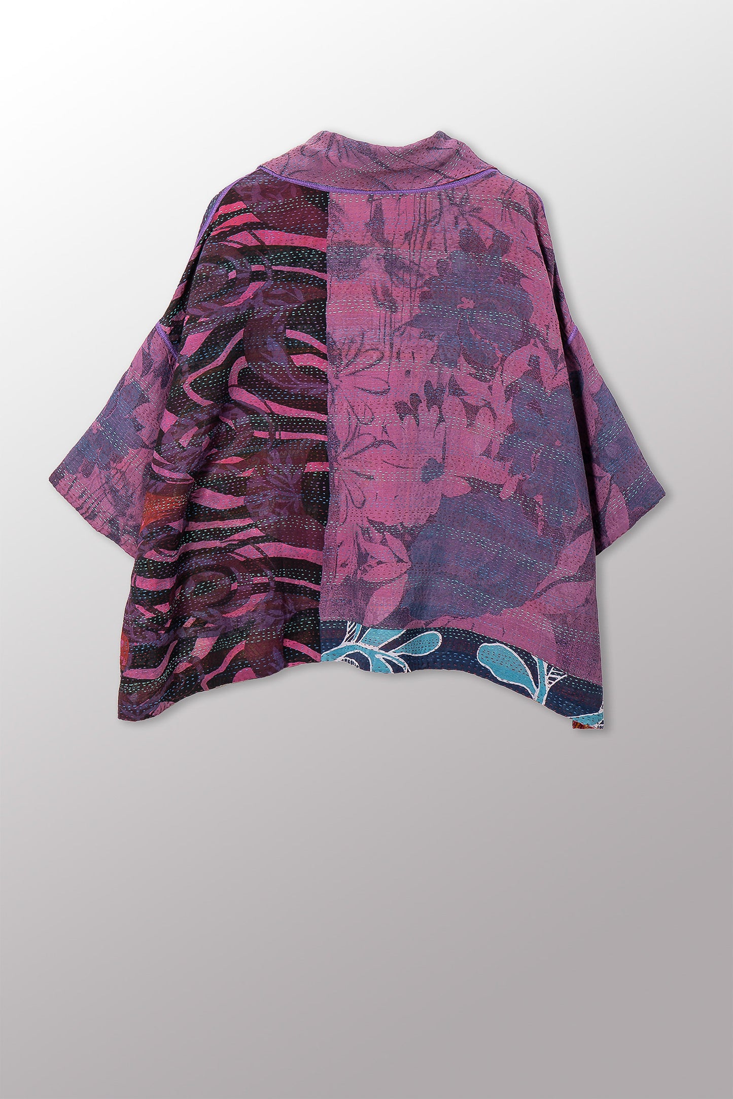 VINTAGE SILK GEORGETTE COTTON KANTHA COWL NECK PONCHO - gc2061-0003a -