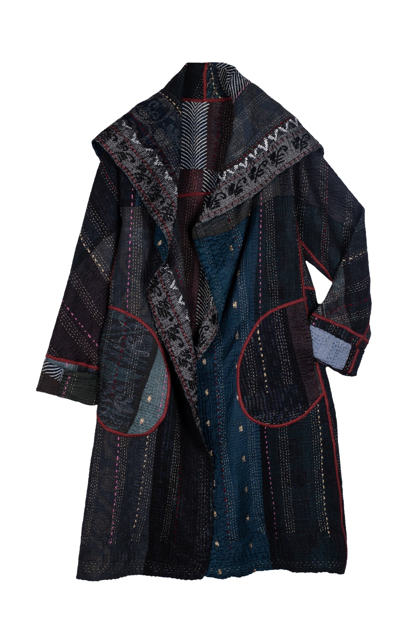STRIPE RALLIS KANTHA A-LINE COAT - pr4309-blk -