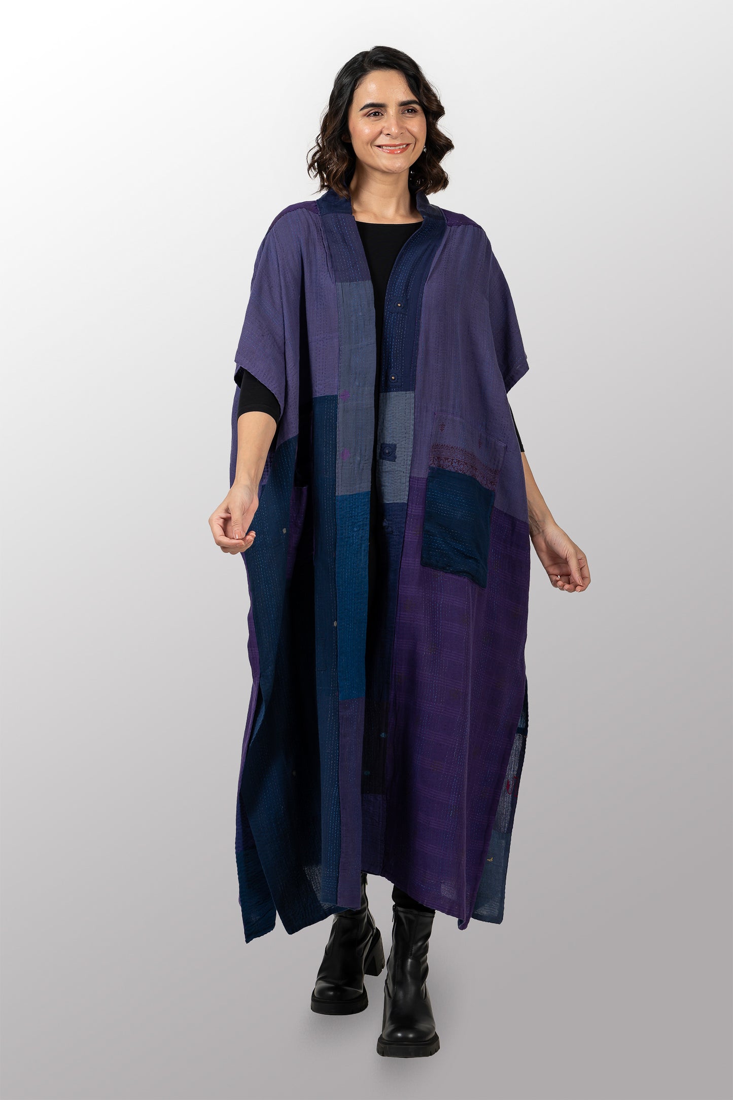 BROCADE PATCHED KANTHA PONCHO DRESS - bp2443-blu -