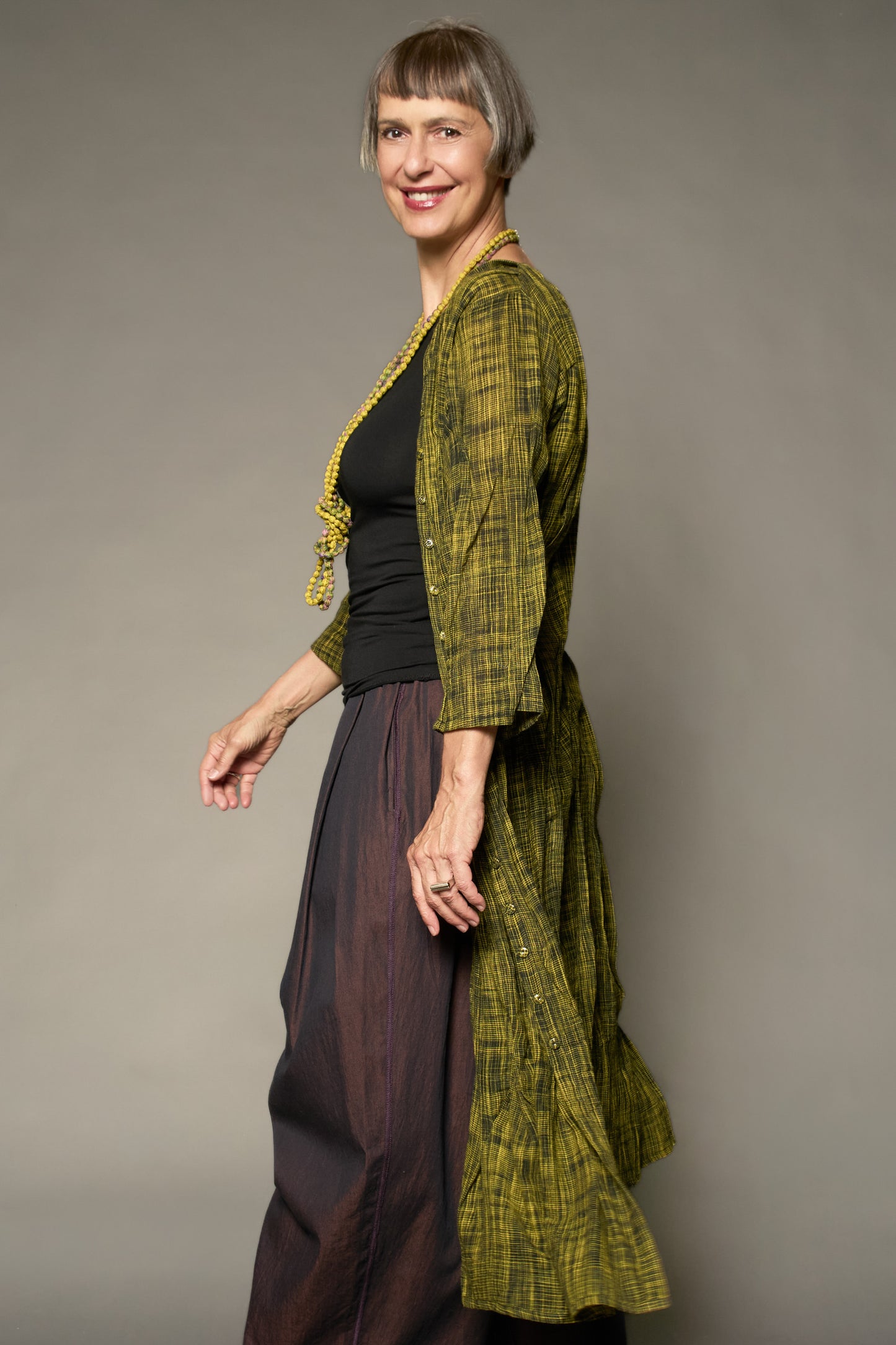 WOVEN TWO TONE COTTON WAVY TUCK TUCK CROPPED SLV. DRESS - wt1434-ylw -