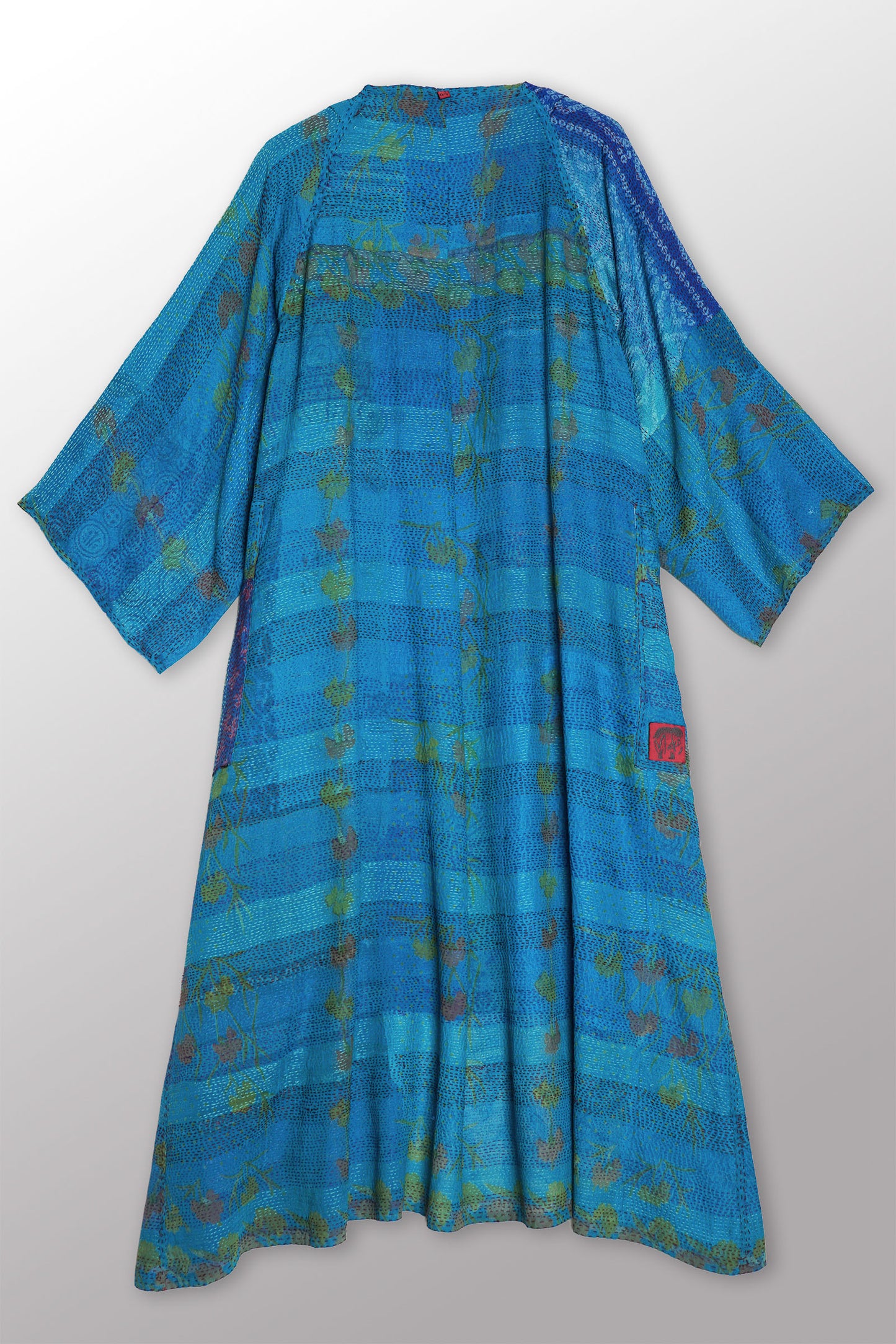 GEORGETTE VINTAGE SILK PATCH KANTHA KIMONO MAXI - gs2318-tuq -