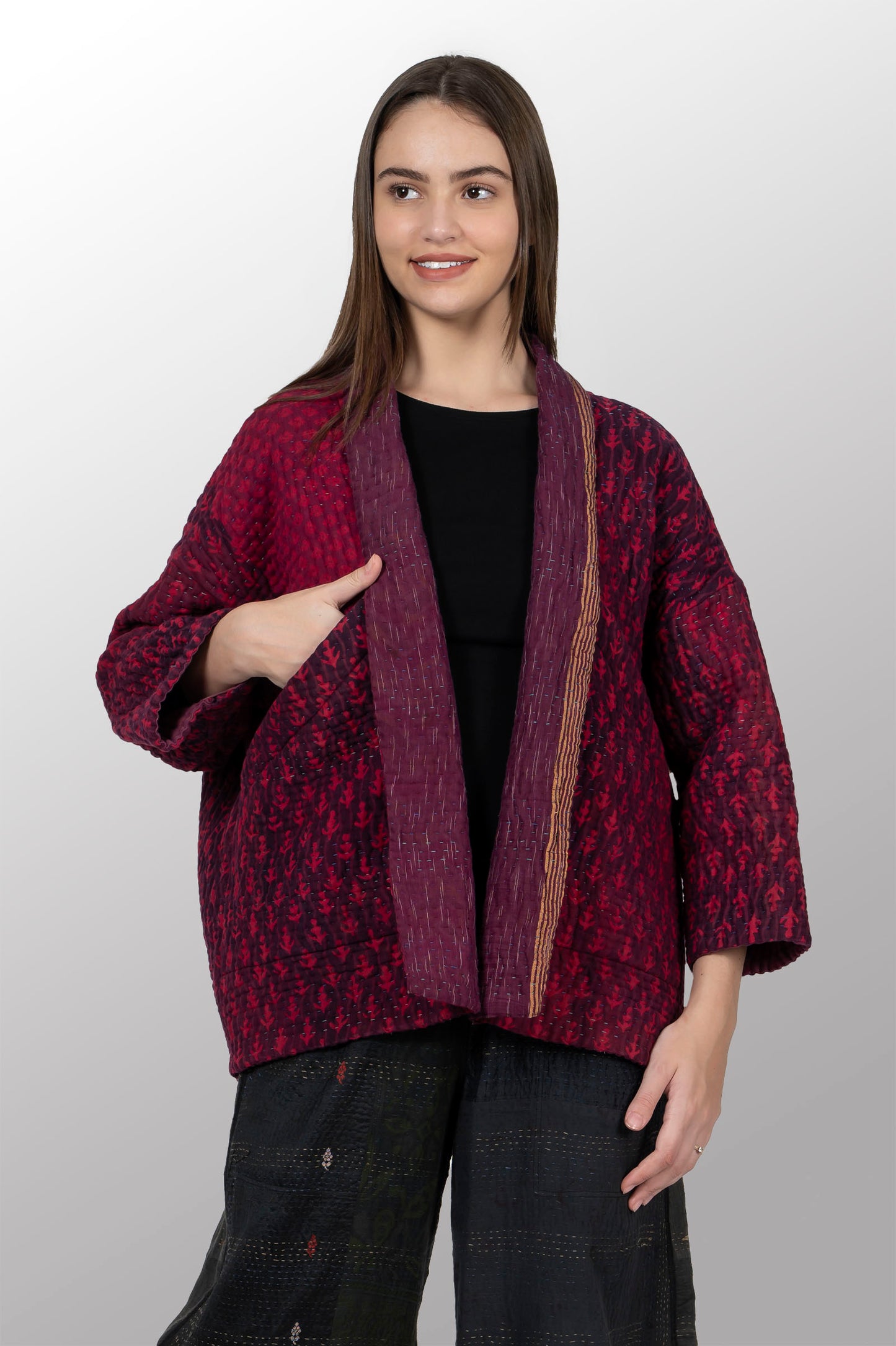 QUILTED OVERDYE COTTON KANTHA BIG POCKET JACKET - oq5057-cred001a -