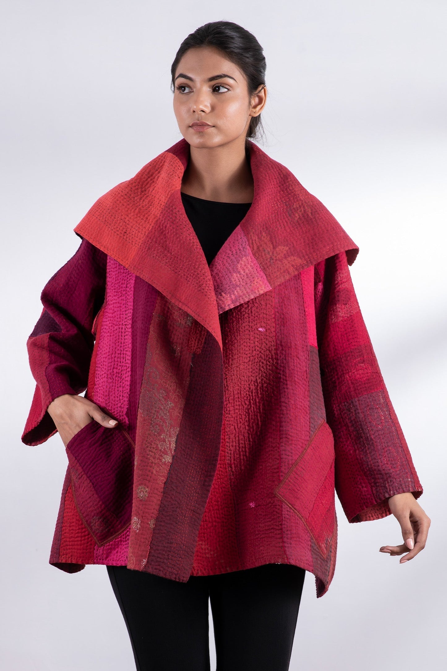 STRIPE AND CHECK COTTON SILK PATCH KANTHA  FLARE JACKET - ss4010-red -