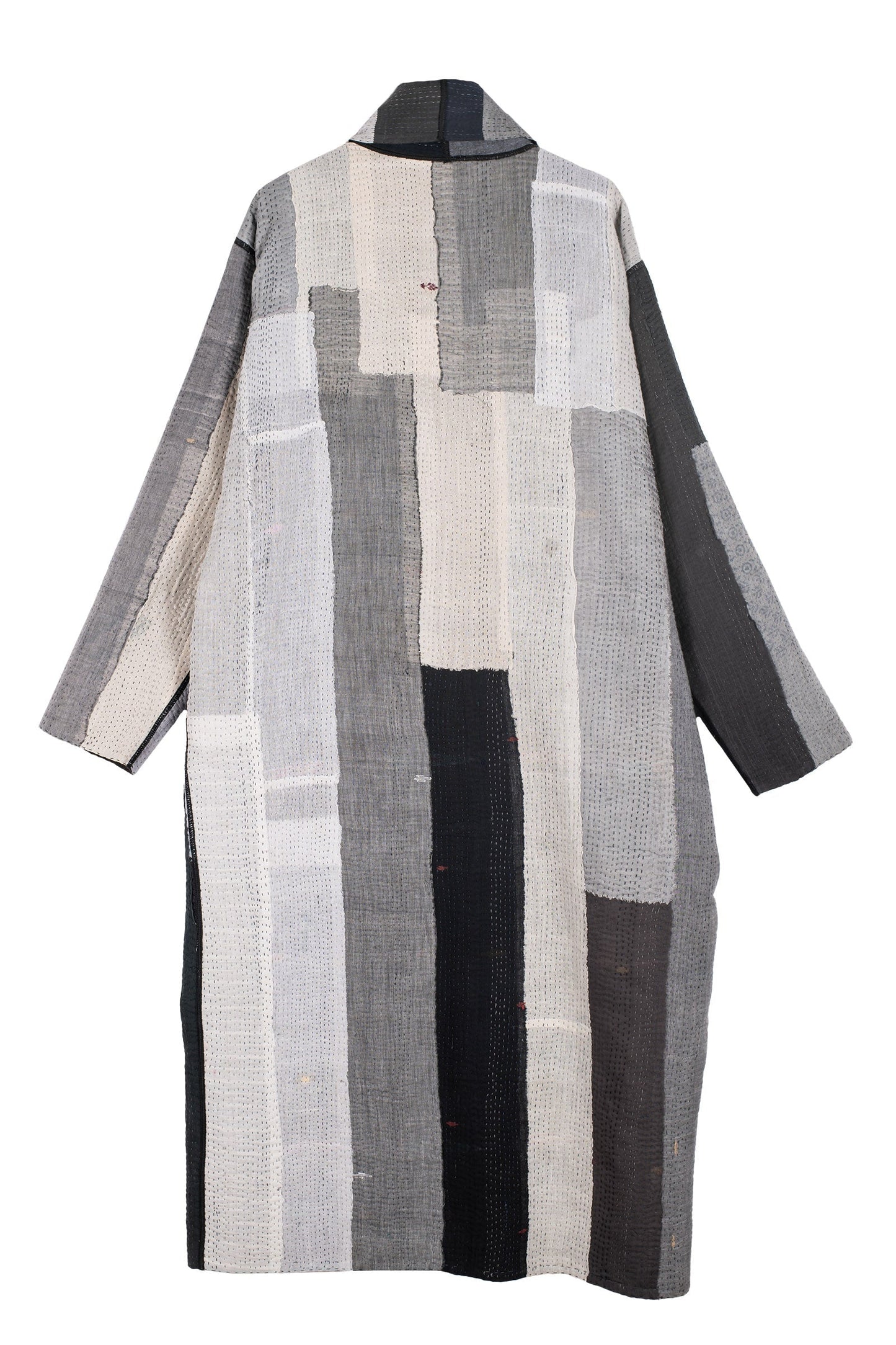 STRIPE AND CHECK COTTON SILK PATCH KANTHA  ROBE COAT - ss4329-blk -