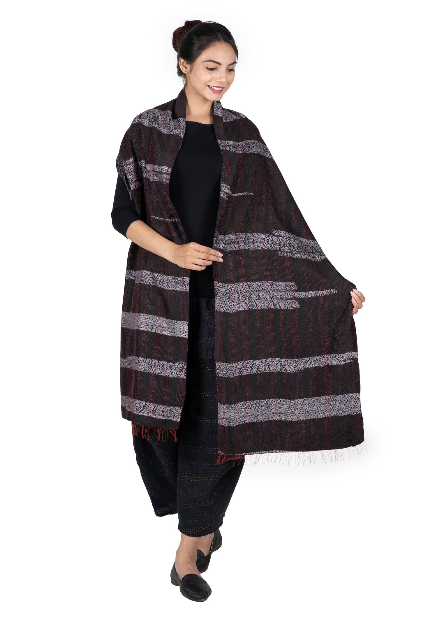 KIMONO PRINT KANTHA SCARF STANDARD - kp2801-blk -