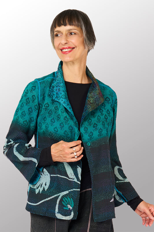 GEORGETTE JACQUARD VINTAGE SILK PATCH KANTHA SHORT JACKET - gj2007-0002m -