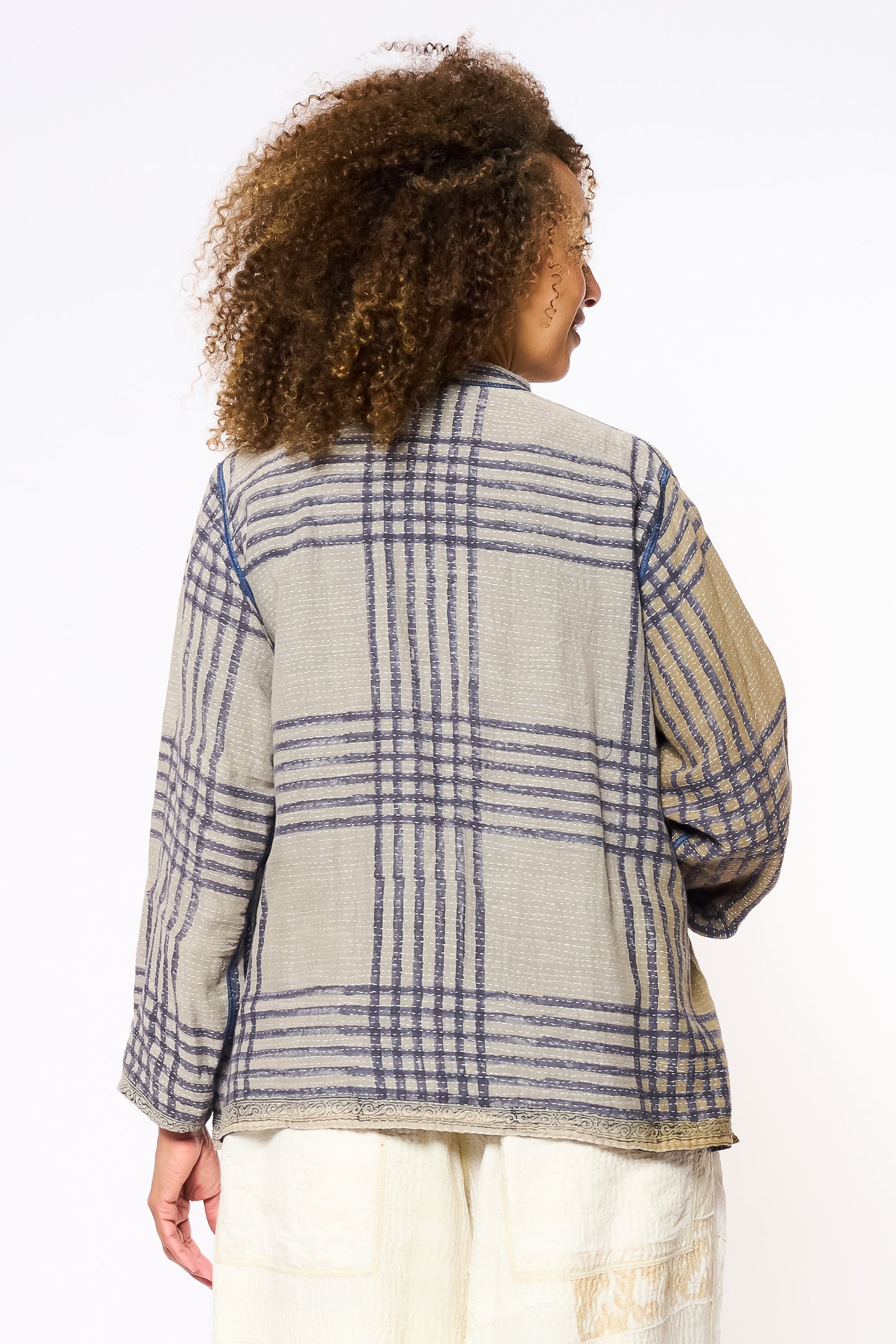INDONESIAN PRINT VINTAGE INDIGO BACKING KANTHA KAFTAN JACKET SHORT - bi2088-blu -