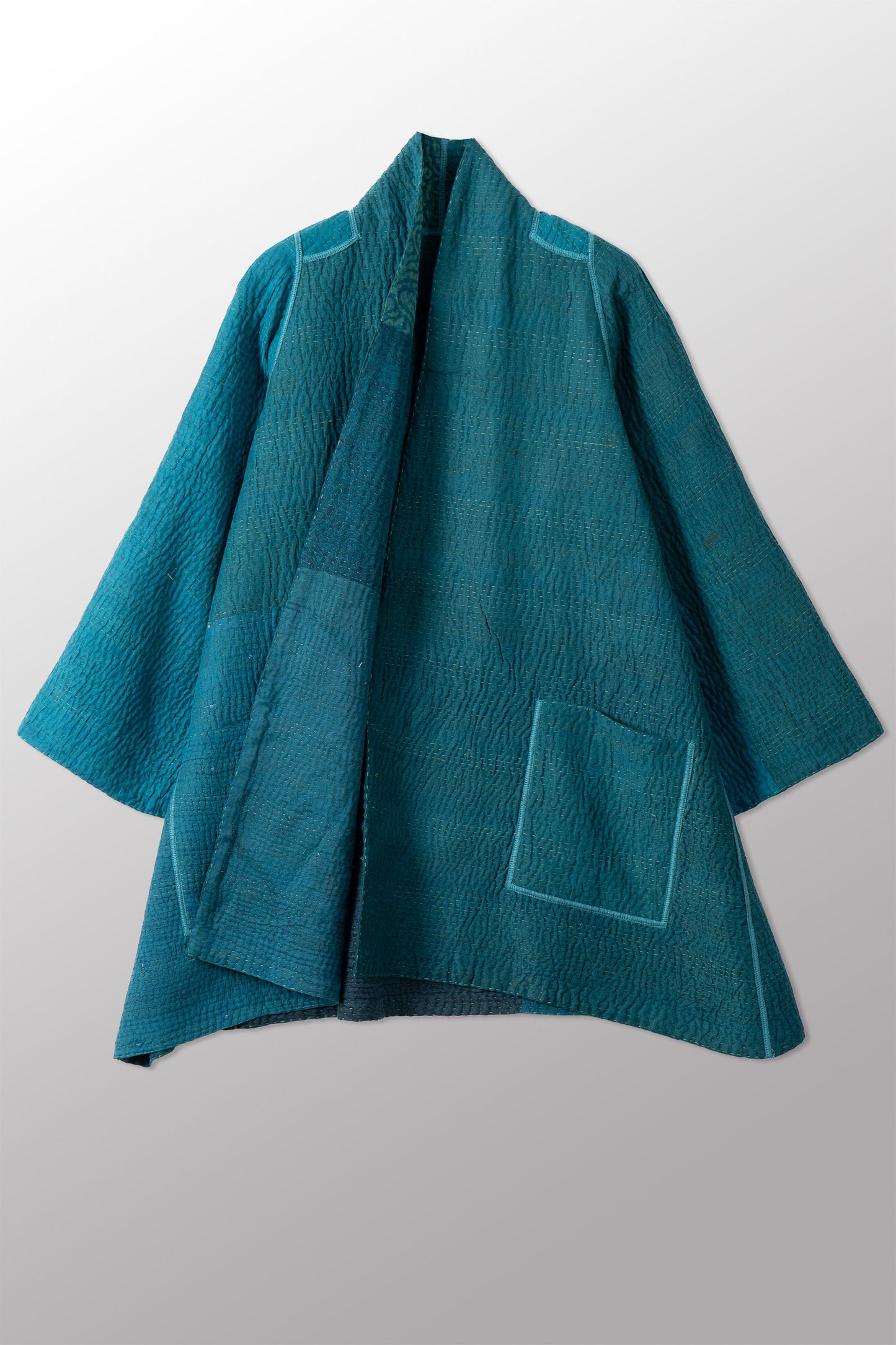 GEORGETTE JACQUARD VINTAGE SILK PATCH KANTHA A-LINE JACKET - gj4003-grn -