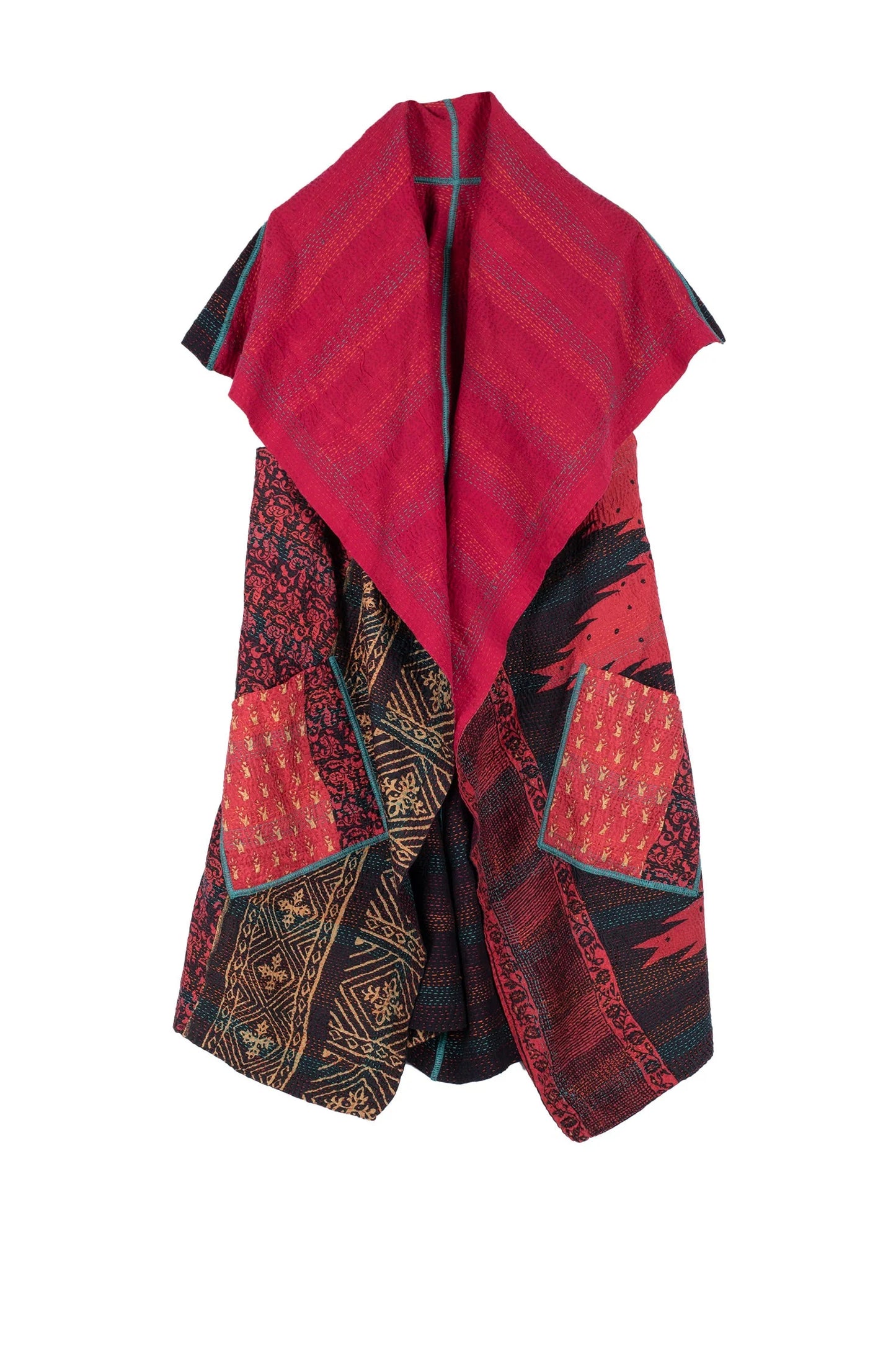 SILK COTTON OMBRE PRINT KANTHA CIRCULAR VEST - os2201-red -