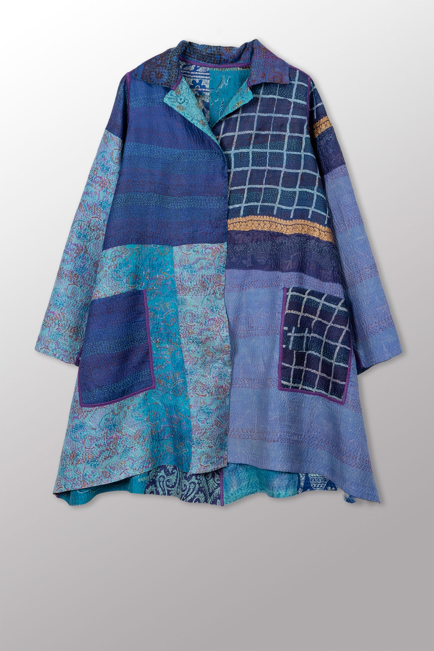 VINTAGE SILK KANTHA A-LINE DUSTER - sv2311-0016a -